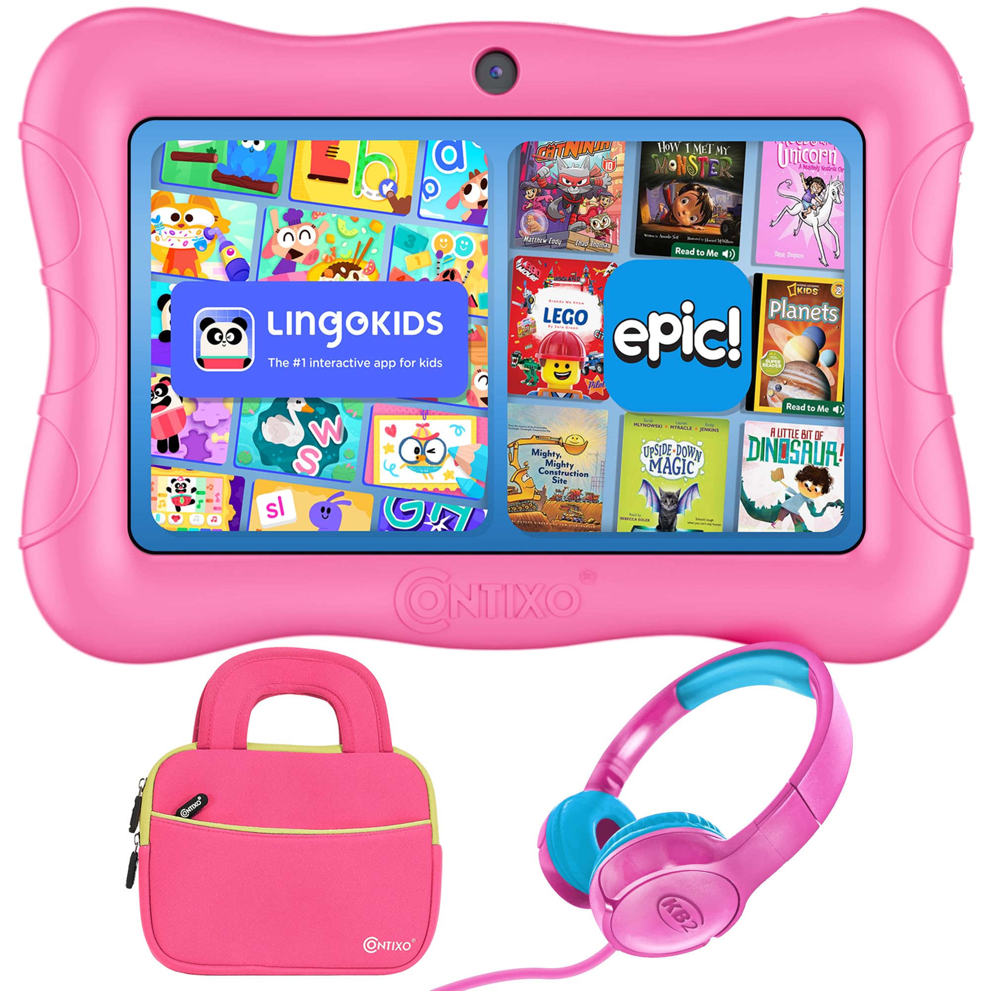 Contixo 7 inch Kids Tablet Bundle - Android Tablets and Kids Wired Headphones, with 14+ Games and Educational Apps, WiFi, 32GB ROM, Learning Tablet