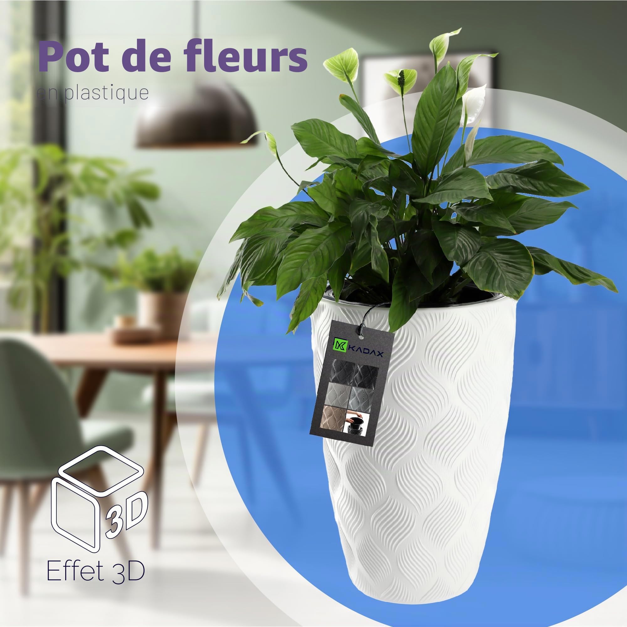 KADAX Pot de Fleurs Haut, Jardinière en Plastique de Grande Taille avec Motif Moderne pour Sublimer Votre Intérieur ou Extérieur, Bac à Fleur (Blanc, 58.5 cm)