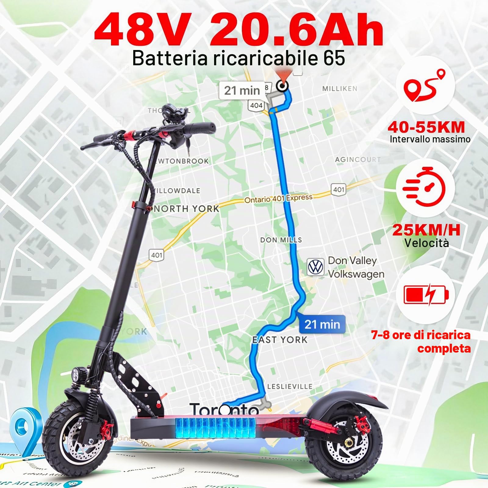 10“ Monopattino Elettrico Adulto, Doppia Sospensione Pieghevole Monopattino Elettrico Max 25 KM/H, Freno sistema di frenata scooter elettrico di, Freni Cicalino