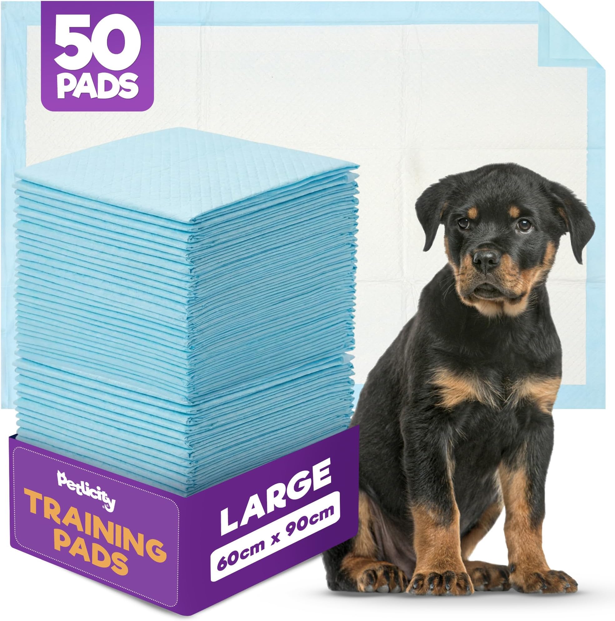 – Petlicity 50 Pack Large Puppy Pads - Disposable Puppy Training Pads, Highly Absorbent Leak-Proof Dog Training Pads, Premium Quality Quick-Dry Dog Pads Pee Pads Dogs Mat (60x90cm)