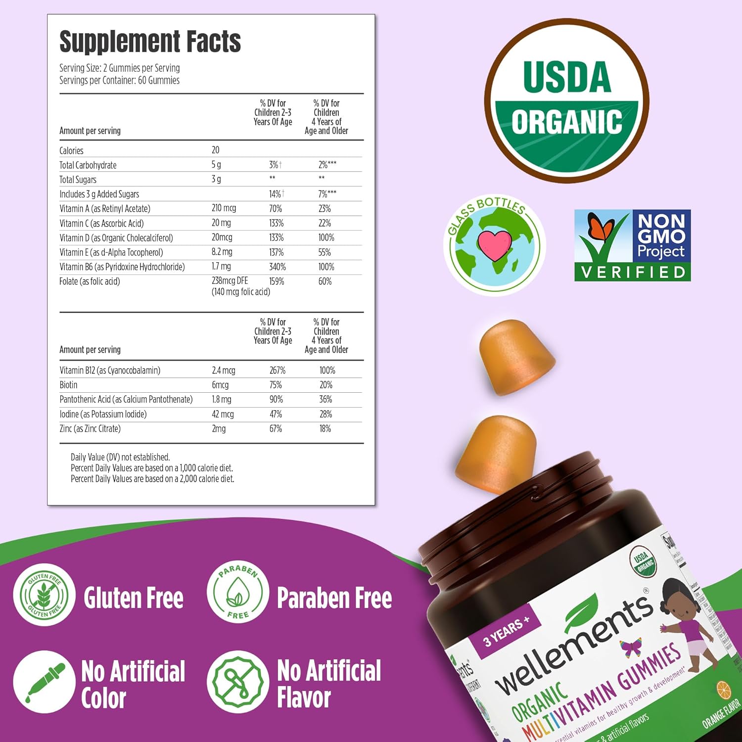 Wellements USDA Organic Kids Multivitamin Gummies 60 Ct (3+ Years) | Essential Kids Vitamins A, B, C, D, E & Zinc | Supports Healthy Growth & Development* | Non-GMO, No Gluten & No Artificial Colors