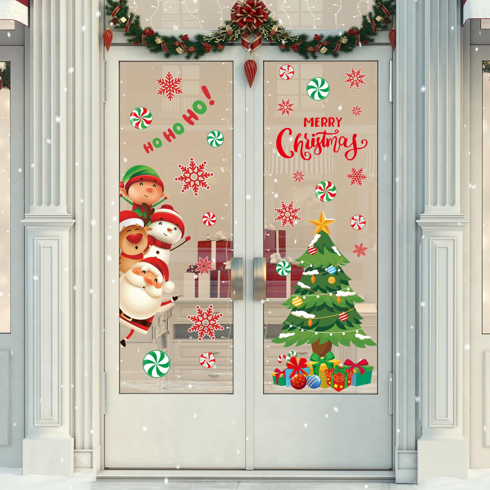 JarThenaAMCS Weihnachts-Türaufkleber, Weihnachtsbaum, Weihnachtsmann, Schneemann, Elch, Süßigkeiten, Schneeflocke, Aufkleber, großes Wandbild, Aufkleber für Zuhause, Kühlschrank, Wand, Fenster,