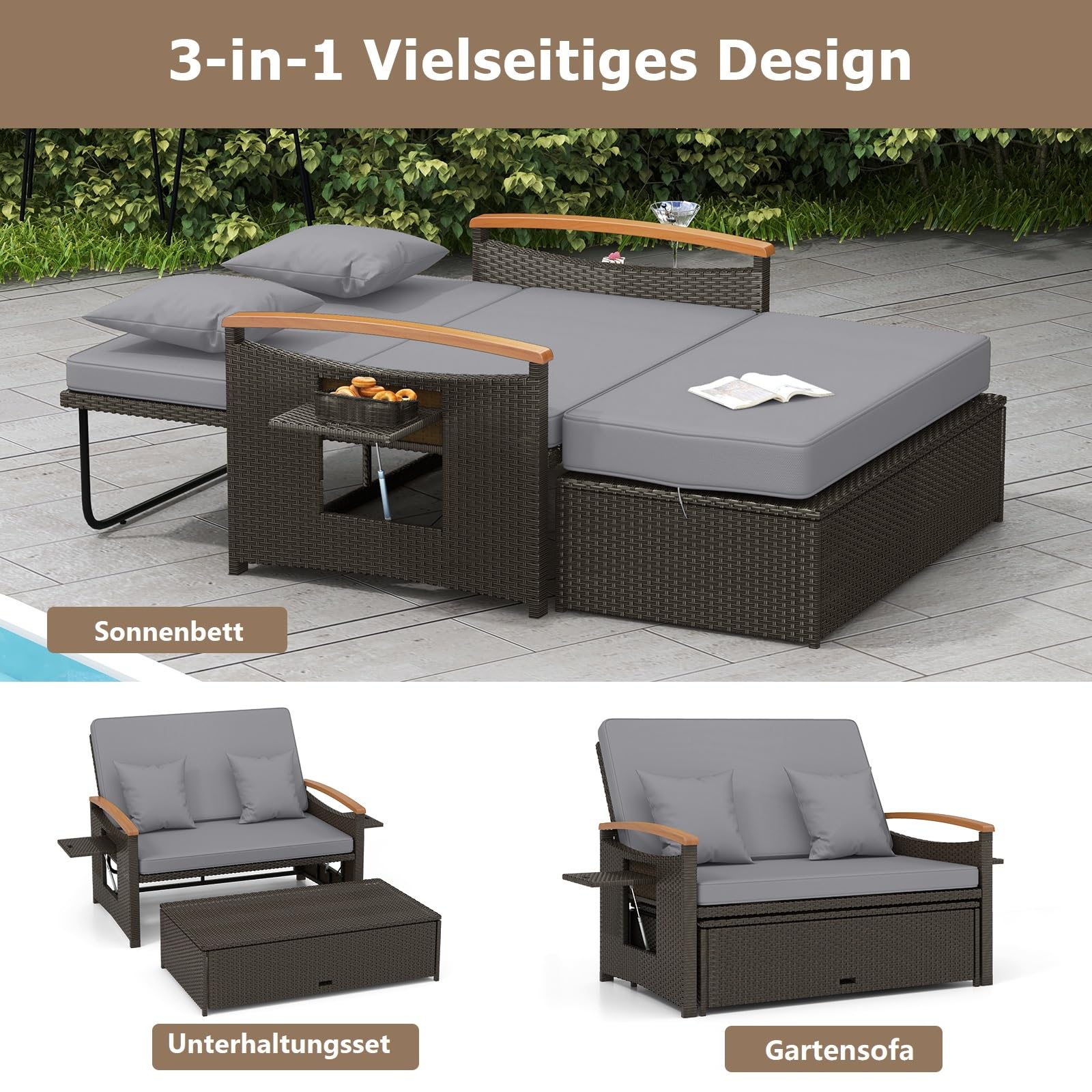 GIANTEX Lounge Möbel Outdoor, Gartensofa mit Liegefunktion, Outdoor Sofa | 3-in-1 Design, Stauraum, weichen kissen, Doppelliege Outdoor 2 Personen, Rattan Gartenliege, Gartenlounge, für Garten Balkon