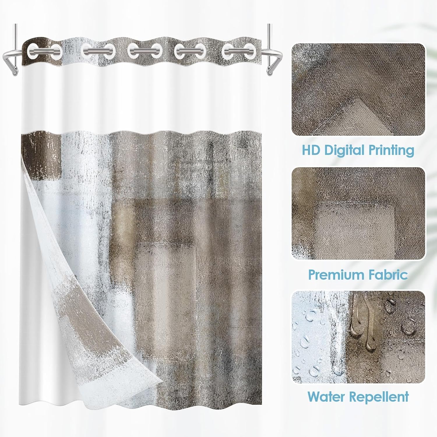 No Hook Grey Brown Painting Shower Curtain with Snap in Fabric Liner Set, Gray Abstract Double Layers Waterproof Fabric with See Through Top Window Open Grommet Bath Curtain 71x74 Inch