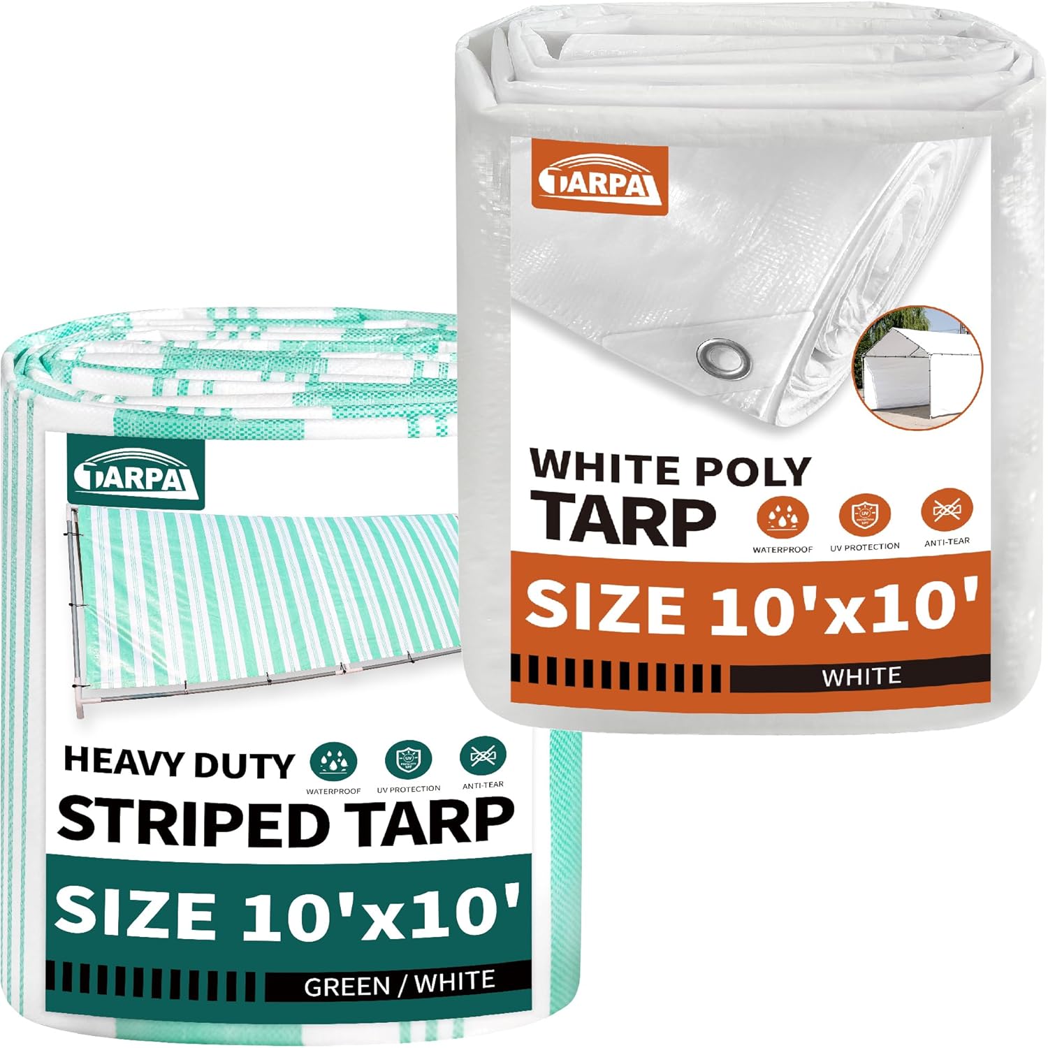 TARPAL tarp 10x10 Medium 7.5mil and Heavy Duty 12mil Combination Multi-Purpose Protective Cover Waterproof,Snow Proof,UV,Rip and Tear Proof,Poly Tarps（White and Green/White）