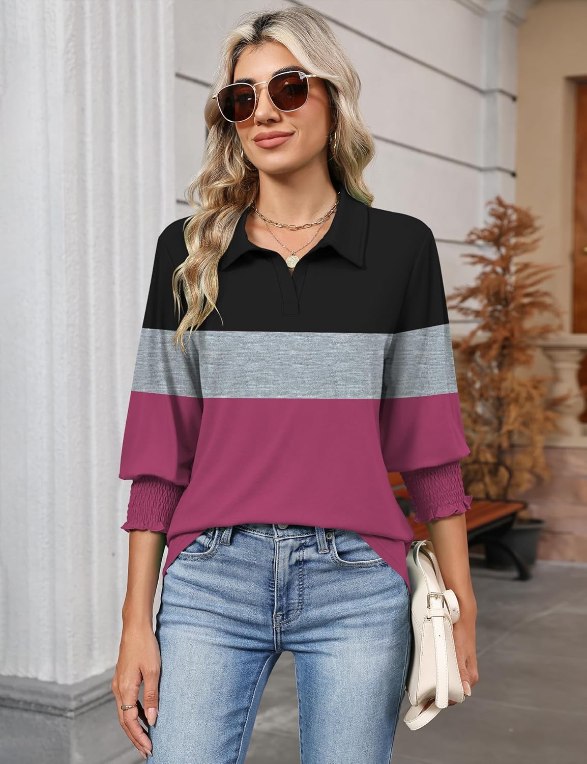 Ivicoer Womens 3/4 Length Sleeves Polo Shirts Collared Tops Business Casual Blouses Basic Tees Trendy Outfits Spring Clothes - Image 3