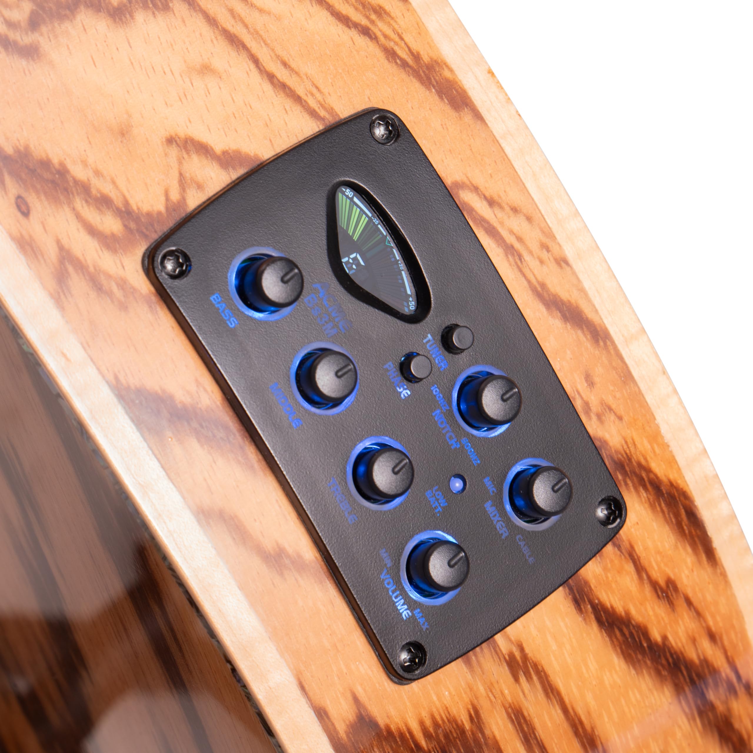 Lindo Earth Slim Body Electro gitara akustyczna, figurowy popiół Tamo i płaski zebrano, przedwzmacniacz/tuner BS3M z podwójnym gniazdem, wyjściem XLR, podstrunnica i mostek (struny nylonowe)