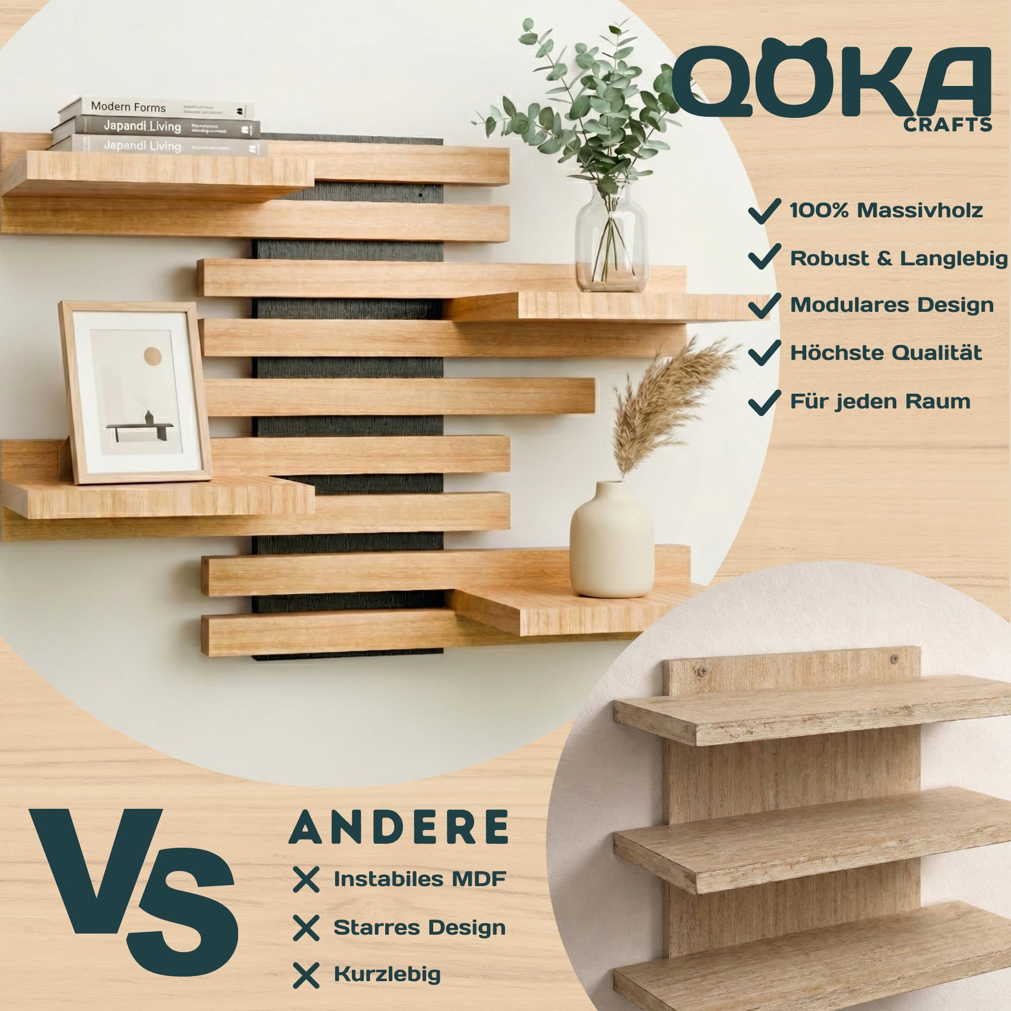 Wandregal Holz Hängend - Modulares Bücherregal Set aus Massivholz - Schwebendes Regalbrett für Wohnzimmer, Küche & Bad - Vintage Deko & Pflanzen Ablage