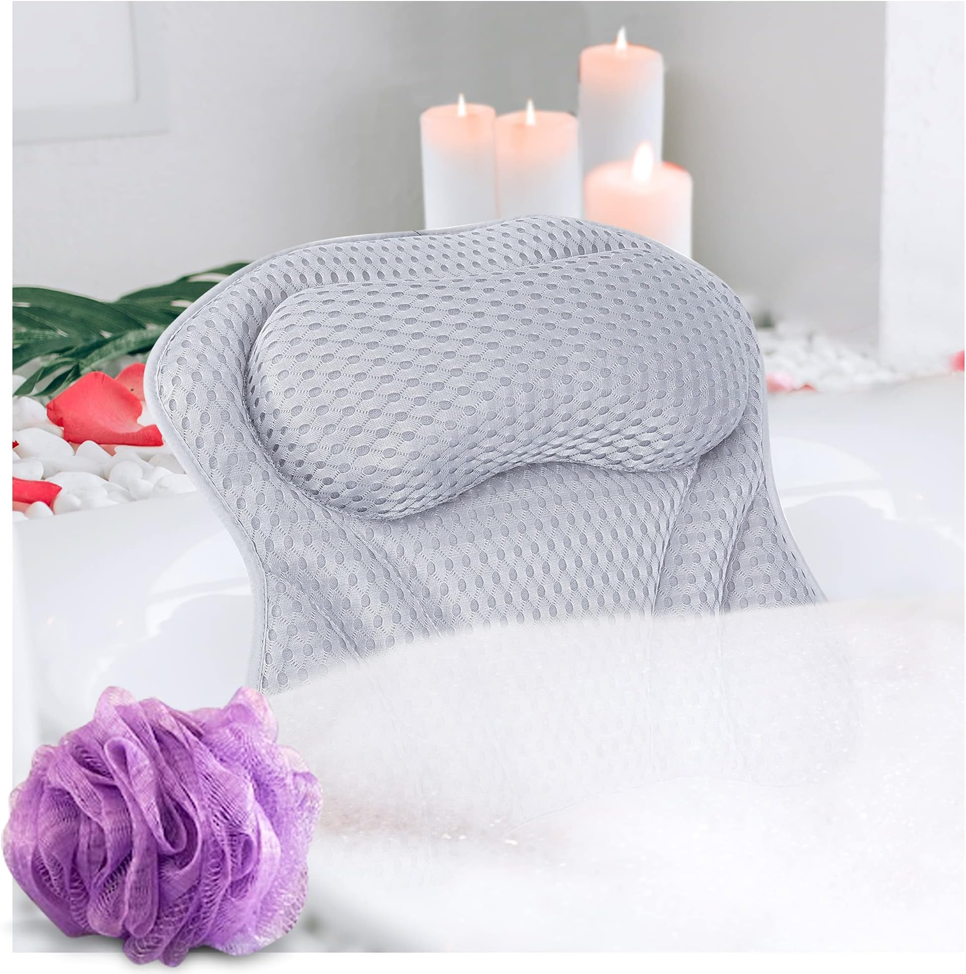 SelectSoma Premium Bathtub Pillow with Thick 4D Mesh for Head, Neck & Back Support - Luxury Quick-Drying Bath Pillow with 6 Strong Suction Cups for Tub Comfort