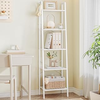 Ladder Shelf, Bookshelf Bookcase, Freestanding Corner Storage Shelve with 2 Hooks for Home Office, Living Room, Kitchen, Bedroom, Industrial, 11.8" D x 17.3" W x 63" H, White BC19213W