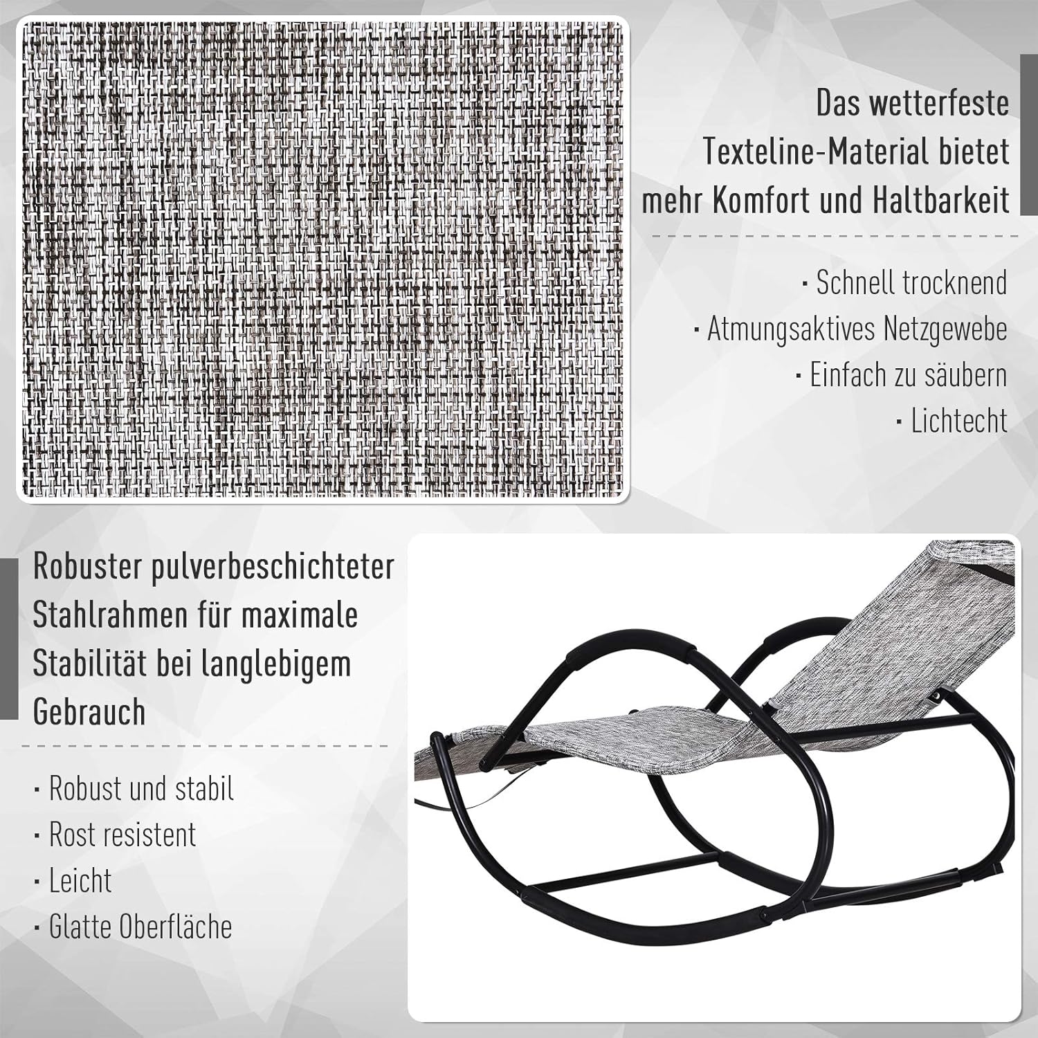 Diagram showing the weather-resistant Textilene material and robust powder-coated steel frame of the Outsunny Rocking Lounge Chair.