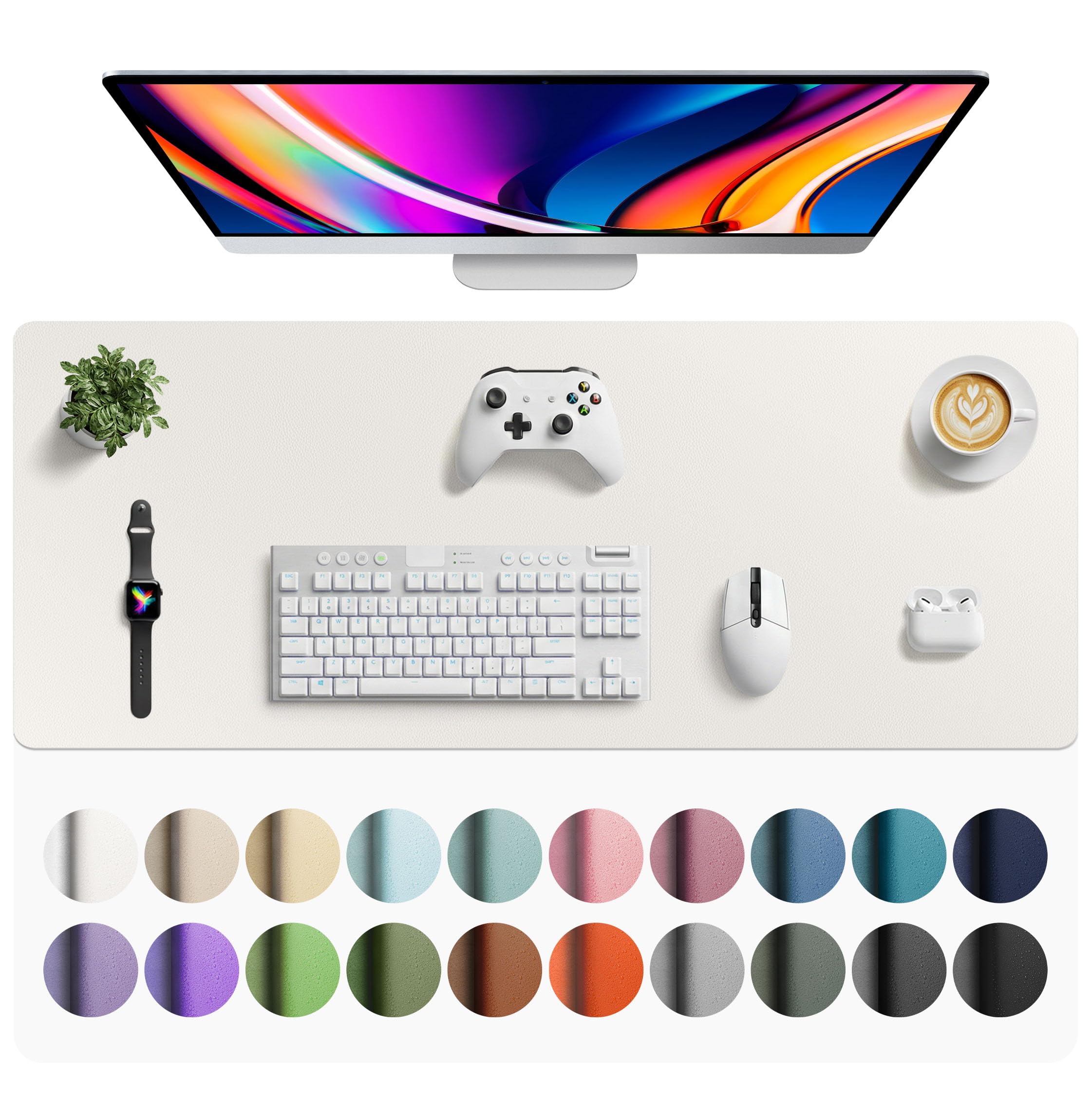 Aothia Faux Leather Desk Mat - Large Mouse Pad, Non-Slip PU Leather Blotter, Waterproof Writing Surface for Office and Home (Off-White, 42" x 17")