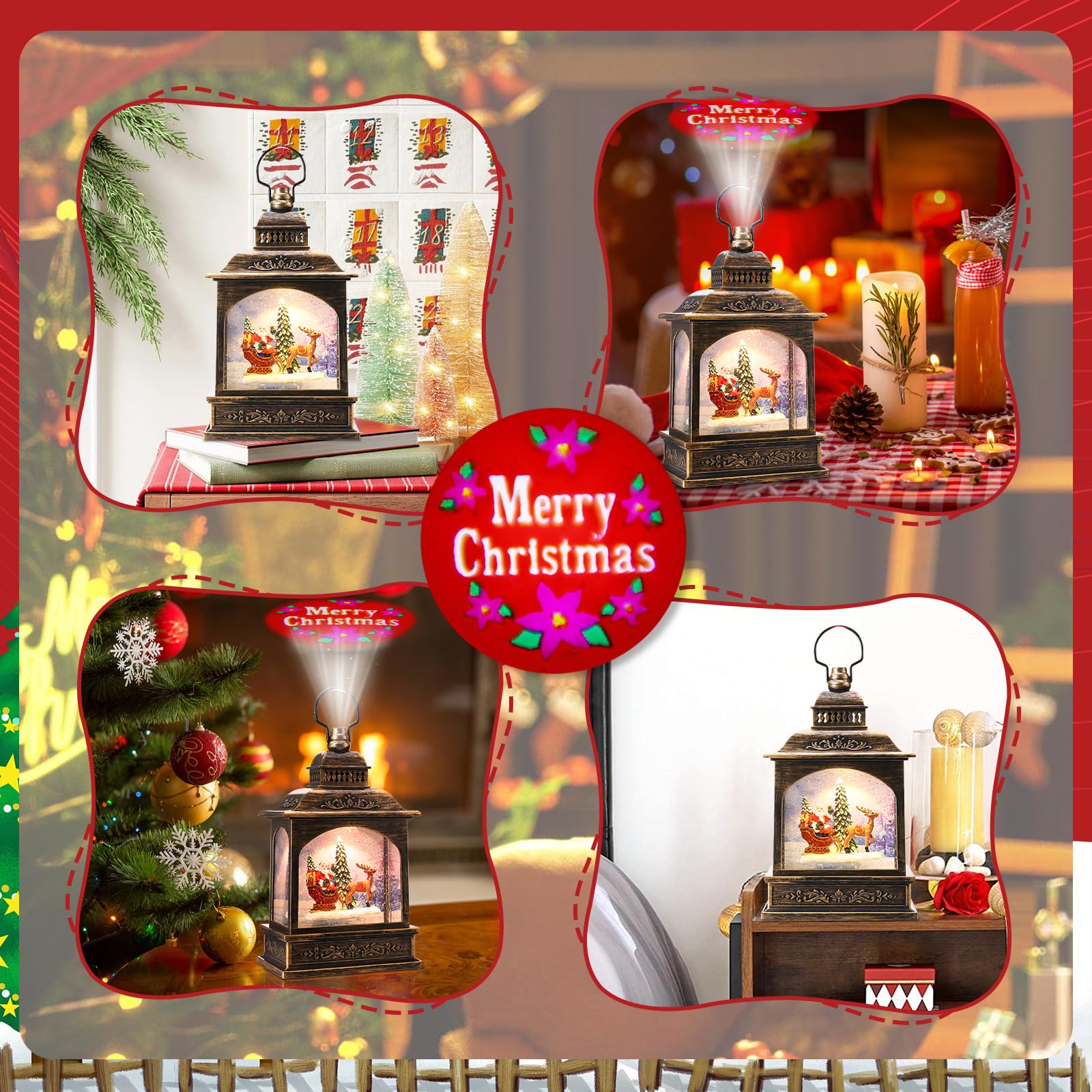 Coikes Lanterne de Noël Boule à Neige Musicale LED avec Saillie et Christmas Songs - Décoration Intérieure - Prise USB ou Alimenté par Pile