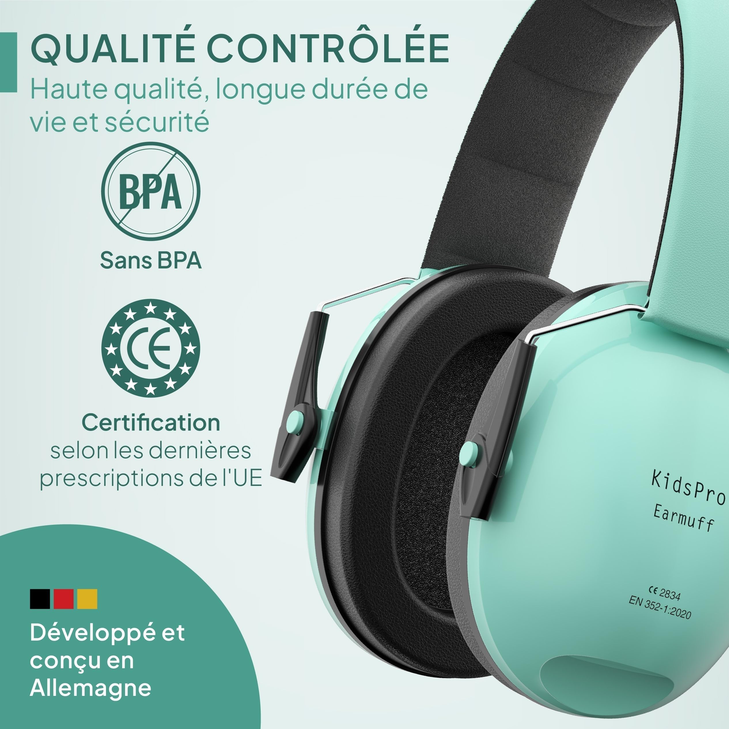 Senner ® KidsPro | Protection auditive enfants - Casque antibruit avec un SNR élevé de 28 dB - jusqu'à 12 ans - évolutif - Protège-oreilles pour enfants - Turquoise