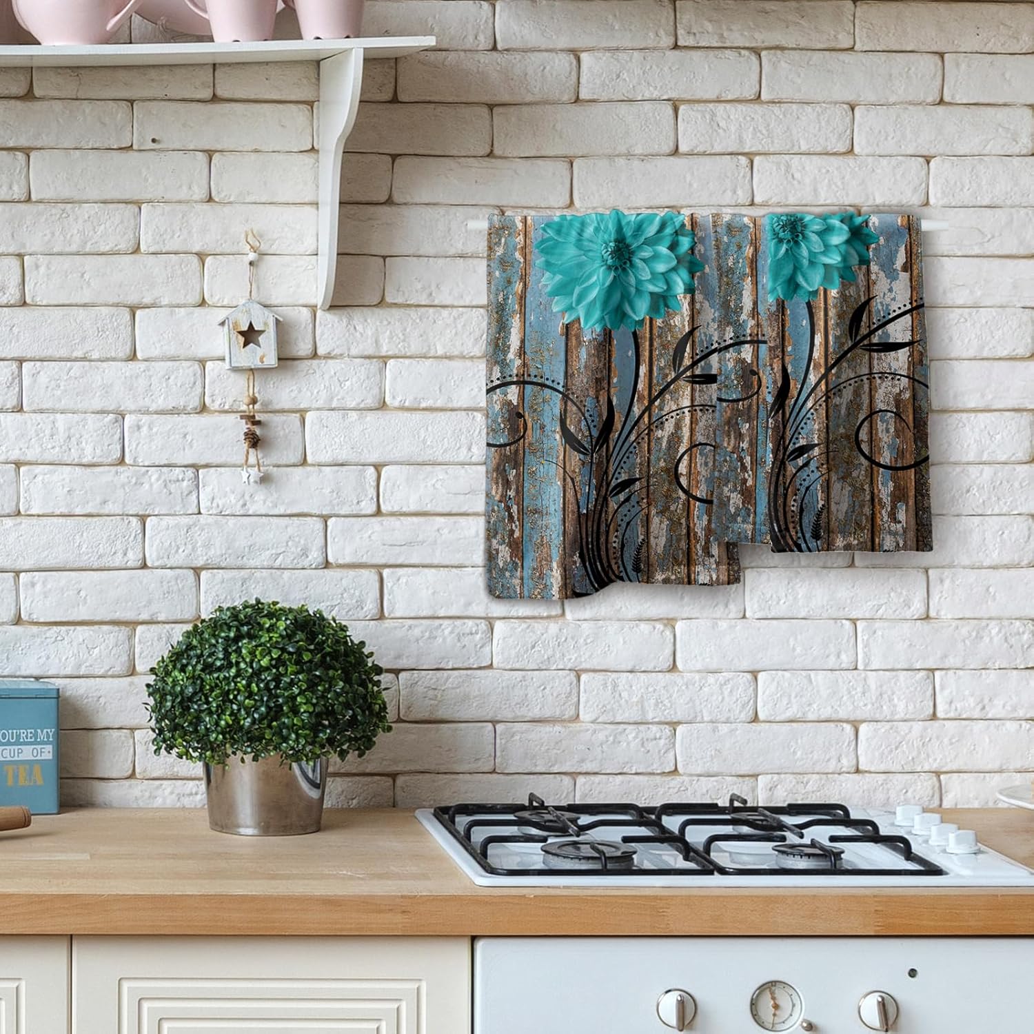 Farmhouse Flower Floral Bathroom Hand Towel Set of 2, Rustic Teal Turquoise Dahlia Fingertip Towel Country Blue Wild Garden Plant Decorative Soft Highly Absorbent Bath Towels for Home Hotel Gym Spa - Image 8