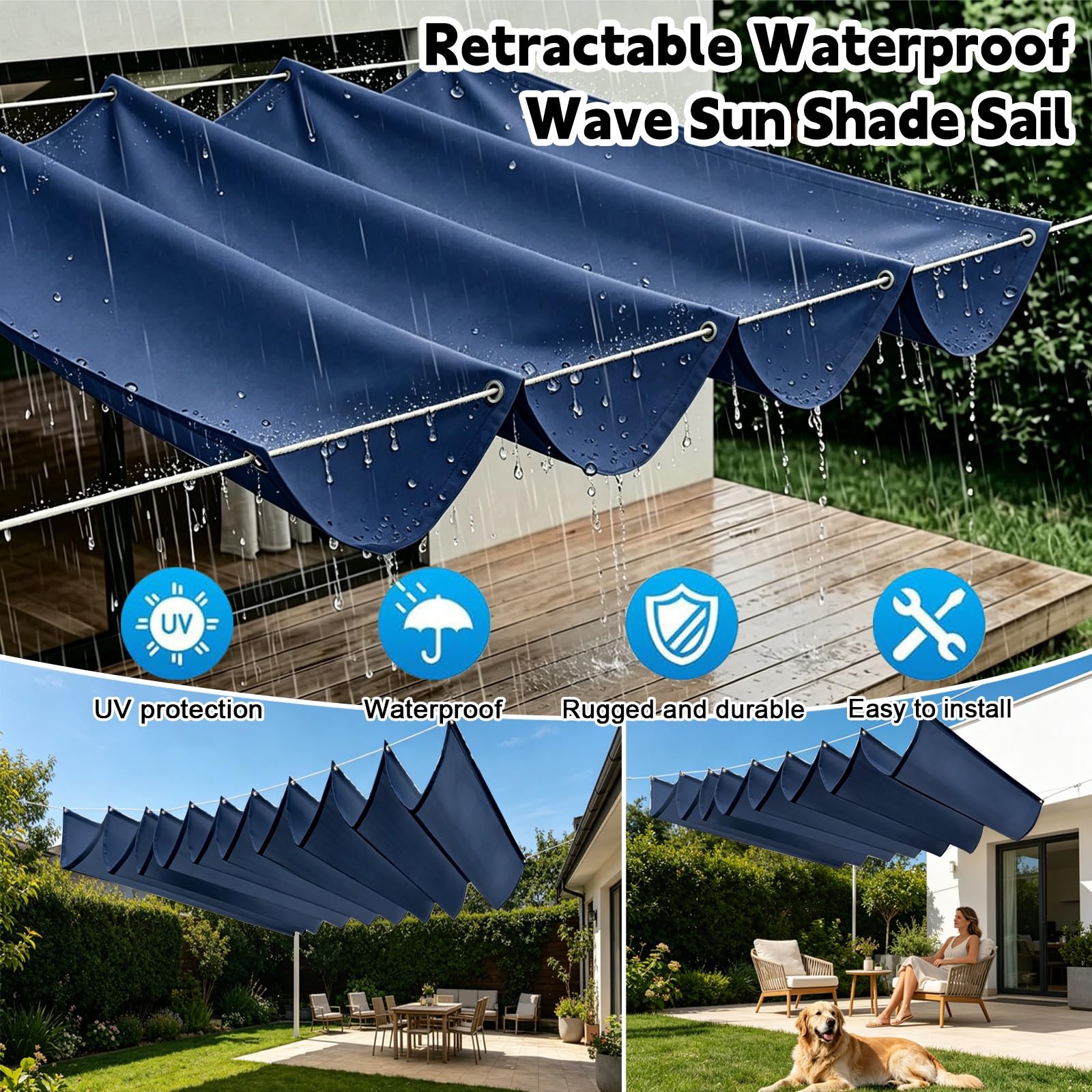 Toldo Retráctil de Onda 100 x 750 cm con Ojales y Cuerda, Vela Sombra Impermeable y Rectangular con Bloqueo UV y Resistencia a Desgarros para Jardín Porche Patio Barbacoa, Azul Oscuro