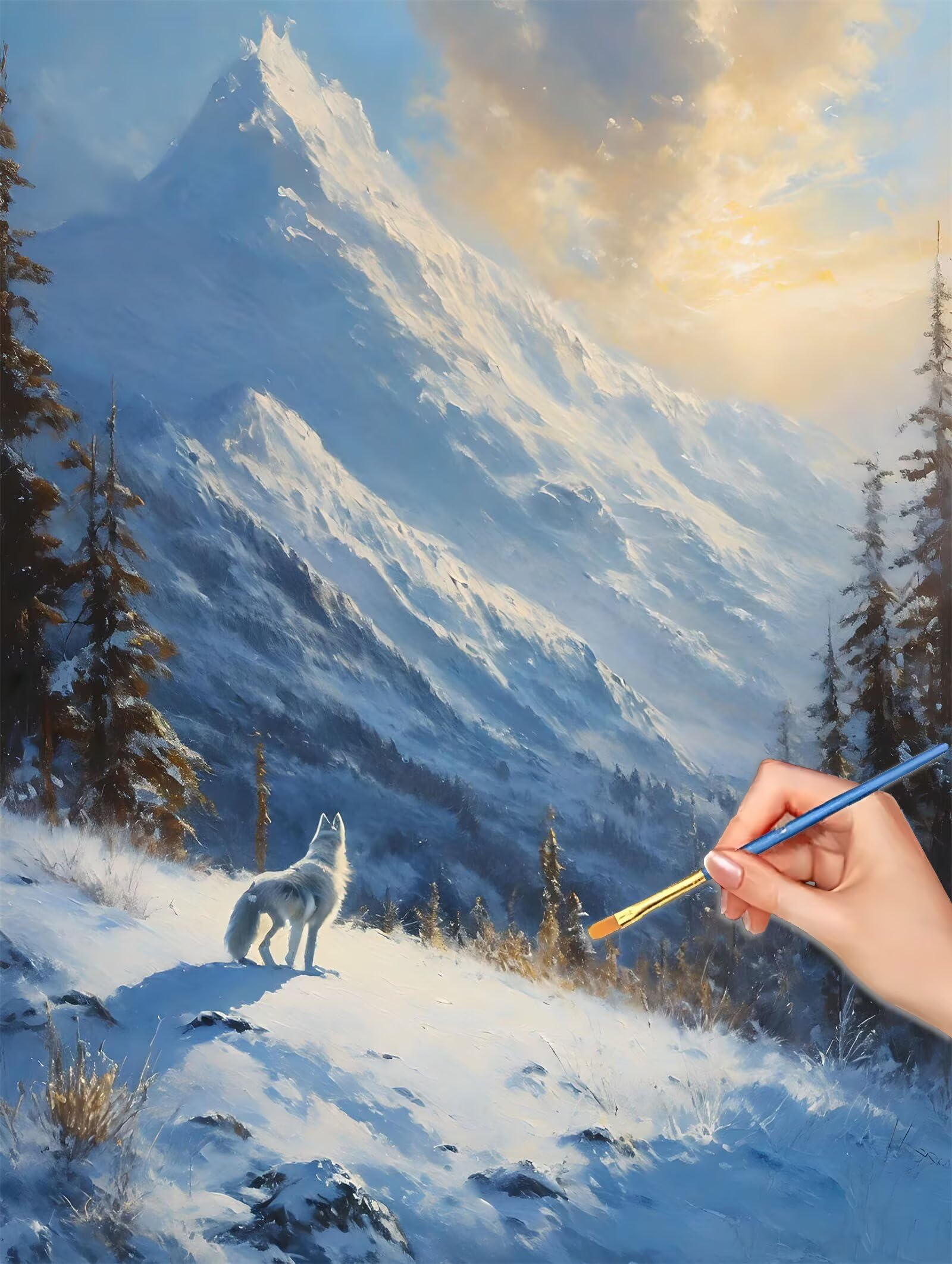 Maluj według numerów wilk, 90x120 cm malowanie według numerów śnieżna góra dla dorosłych, bez ramy, zestaw do malowania olejnego na płótnie z 3 pędzlami, Pigment akrylowy, farba według liczb, prezent