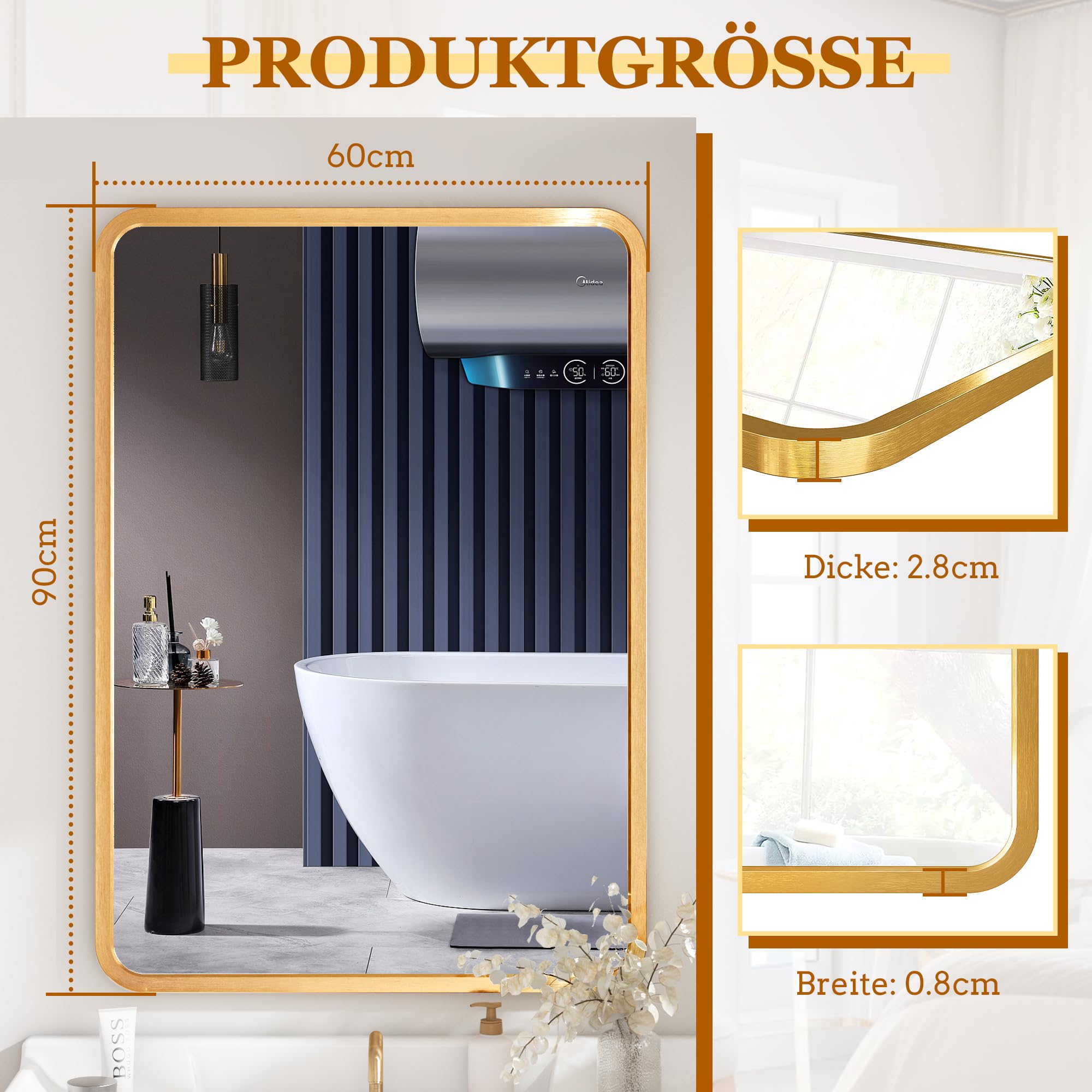 Specchio da parete da 60 x 90 cm, Oro specchio da bagno,con cornice in lega di alluminio, per bagno soggiorno, camera da letto, ingresso, decorazione da parete