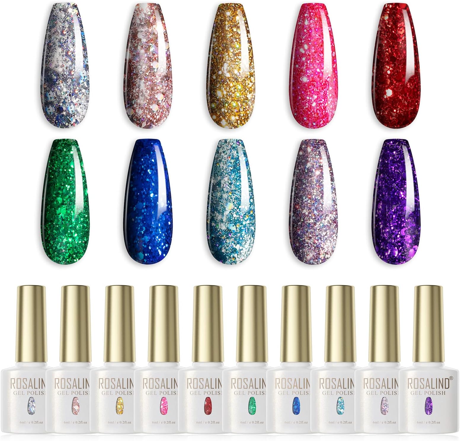 ROSALINDUV Nail Polish Shellac 10 Pieces Colour Gel Colour Nail Gel Polish, Glitter Pink Red Green Blue Purple Nails Set for Salon/Home, Valentine's Day Nail Polish Kit