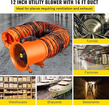 VEVOR Utility Blower/Exhaust Axial Hose Fan, 12 Inches, 3900 m3/h High Velocity Portable Ventilator, Low Noise Extractor Fan Blower with 16 ft / 5 m Duct Hose