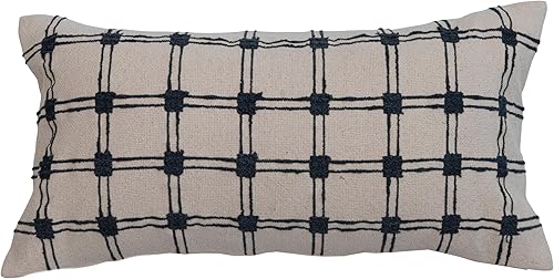 Creative Co-Op Almohada lumbar de algodón con bordado de rejilla, multicolor