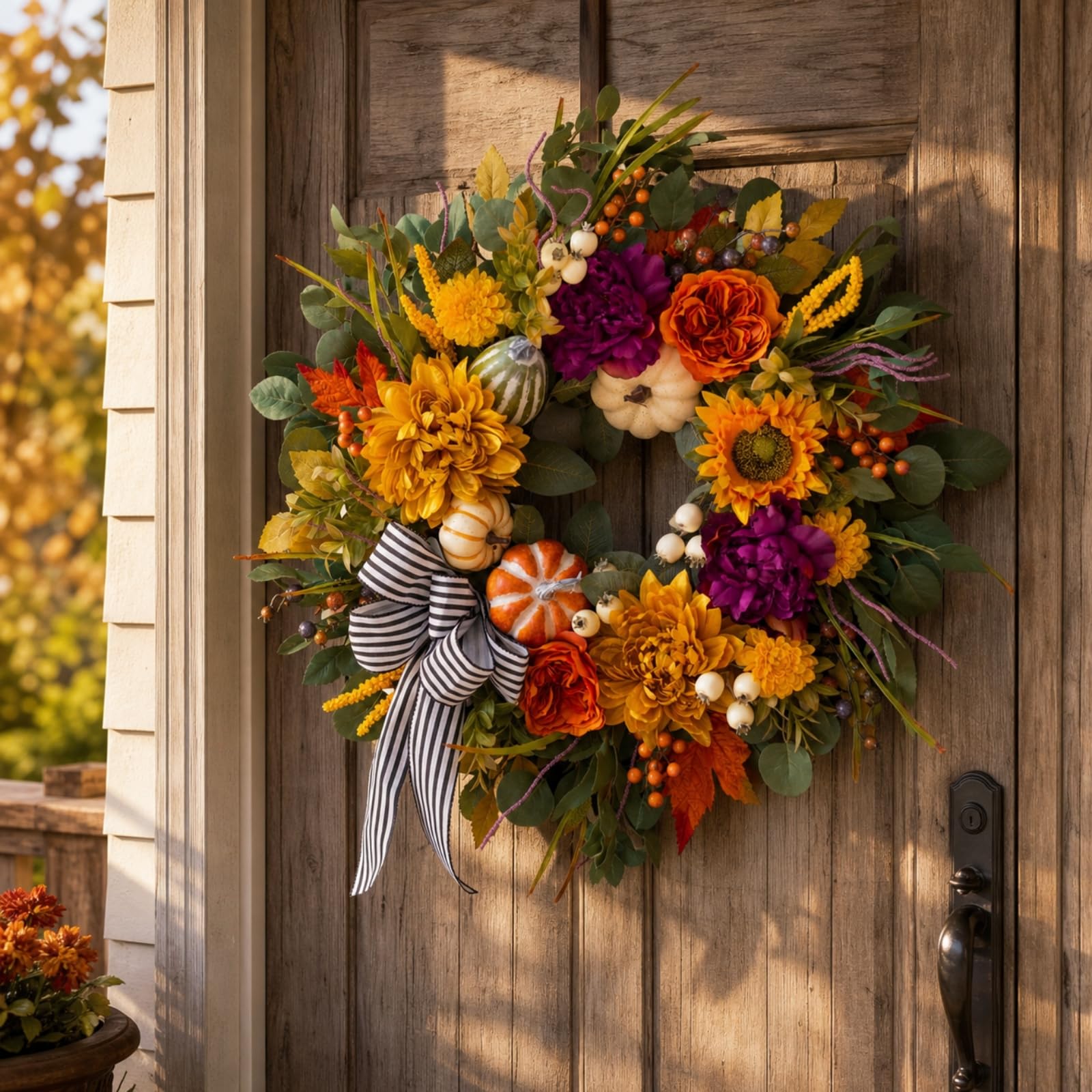 Ghirlanda Autunnale Durevole Ghirlanda con Nastro Decorativo Decorazione per Porta D'ingresso, 秋季花环, 45 CM / 18 Inch
