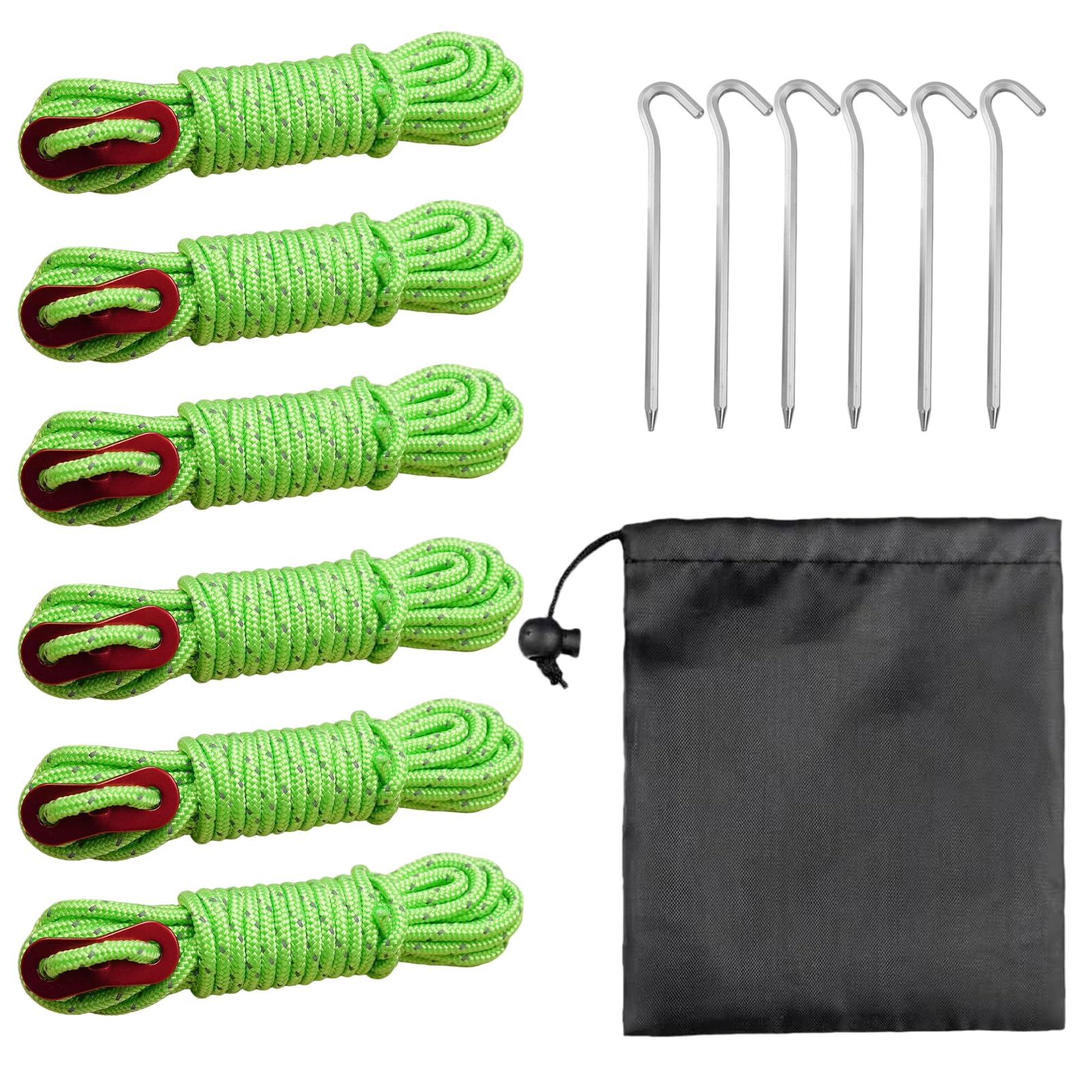 YSDINK Reflective Tent Guy Ropes, 6 Pack 4mm Guy Lines 4M/13FT with Tensioners, Durable Guide Cords with 6 PCS Tent Pegs for Outdoor Camping Accessories, Hiking, Awning, Windproof Gear (Green) — image 1