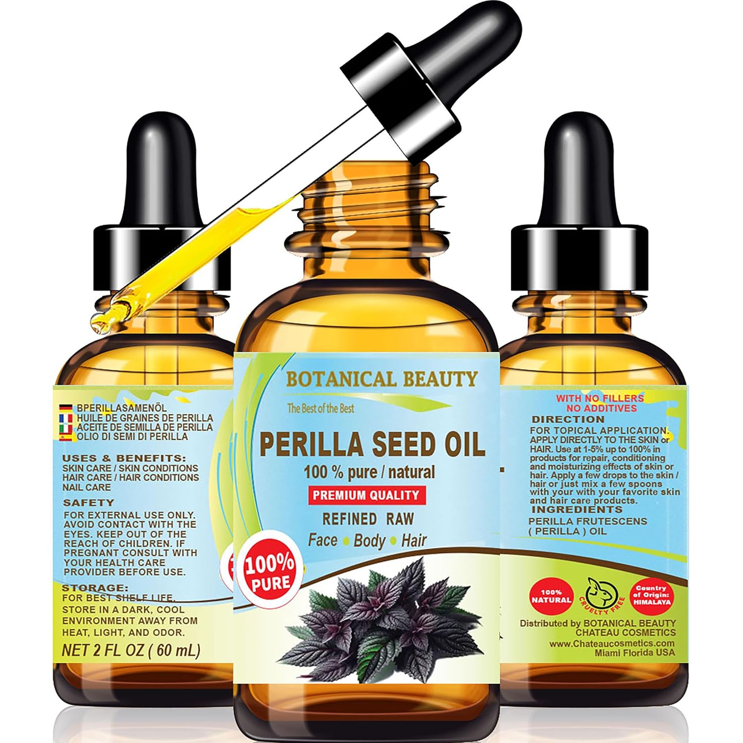 Botanical Beauty PERILLA SEED OIL 100% Pure Natural REFINED Cold-Pressed Carrier Oil for Face, Skin, Body, Hair, Lip, Nails. Rich in Omega 3, Alpha-Linolenic Acid. (4 Fl Oz 120 ml)