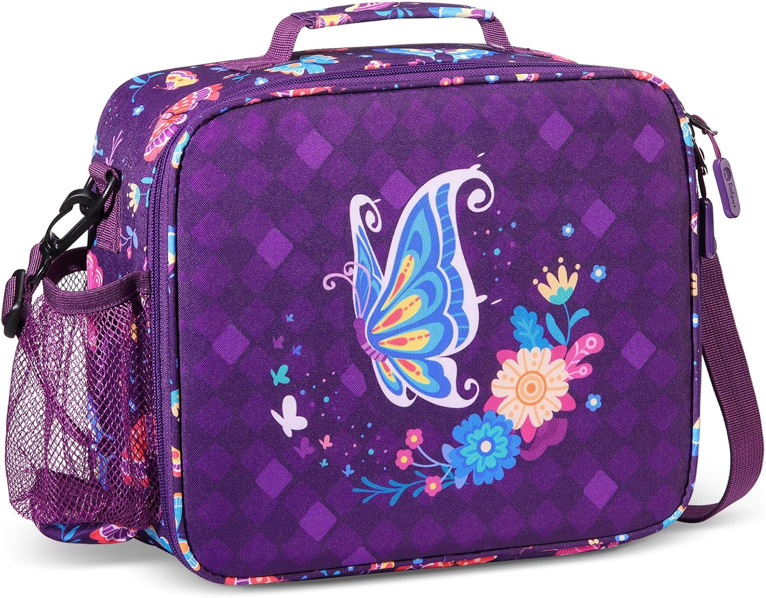 rockpapa Kids Lunch Bag for Kids with Strap, Waterproof, Stain & Oil-Resistant, Insulated LunchBag, Reusable Lunch Tote Bag Holds Lunch Box, Water Bottle & Snacks for School (Purple Butterfly)