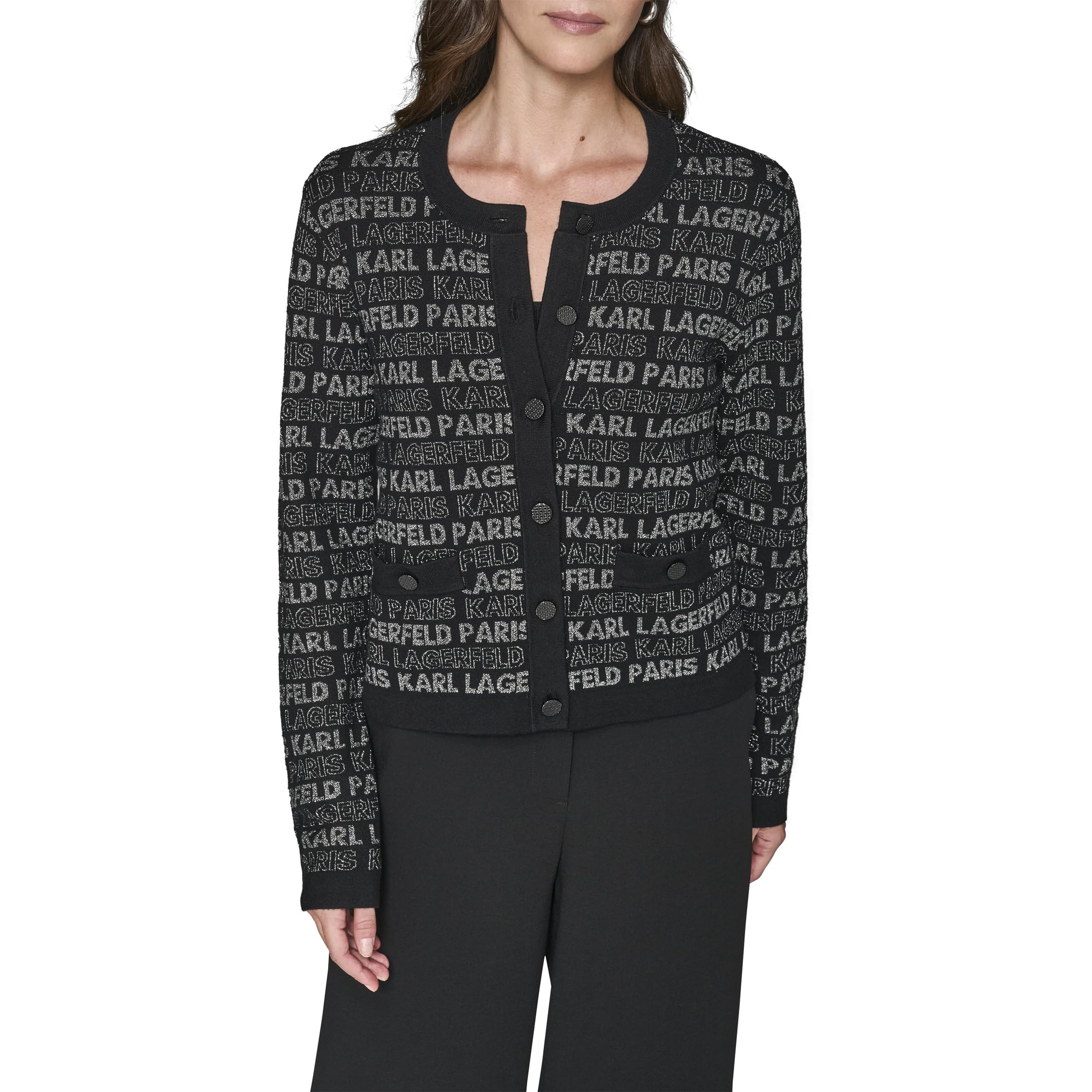 Karl Lagerfeld Womens Long Sleeve Crew Neck All Over Logo Cardigan Sweater