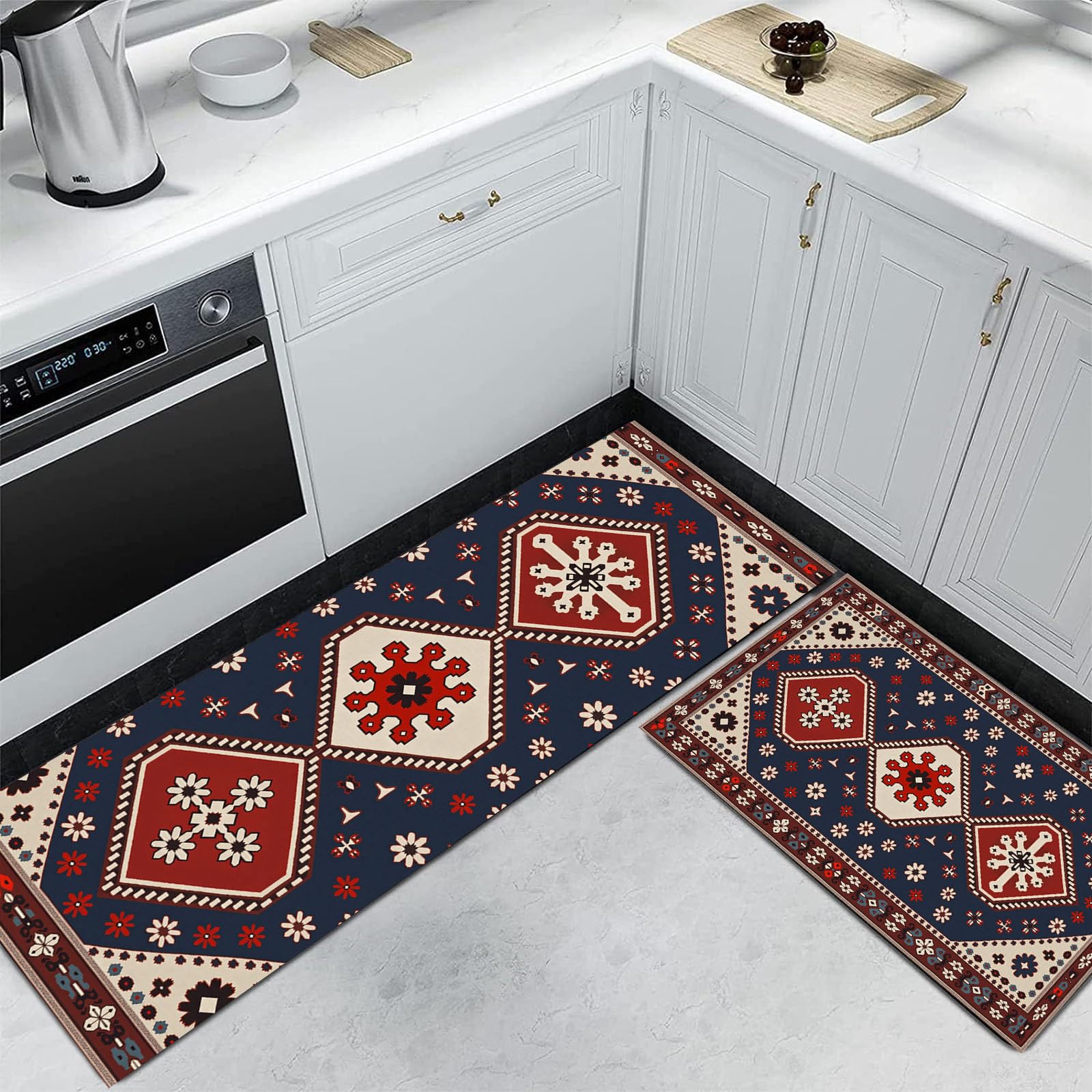 Alfombras tradicionales de cocina con rombo floral lavables para pasillo y comedor