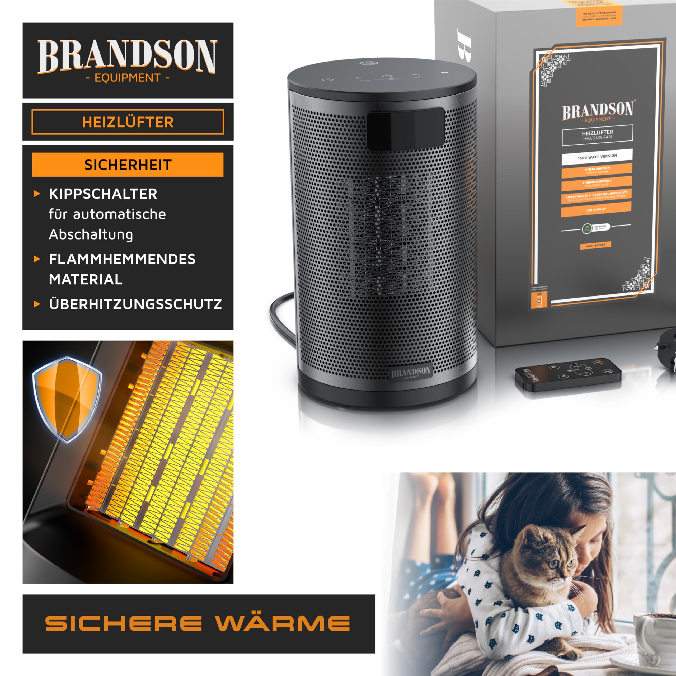Brandson - Heizlüfter mit Fernbedienung - Preisträger - ECO Modus energiesparend leise - 1500 Watt - 2 Stufen - Kippschutz und Überhitzungssschutz