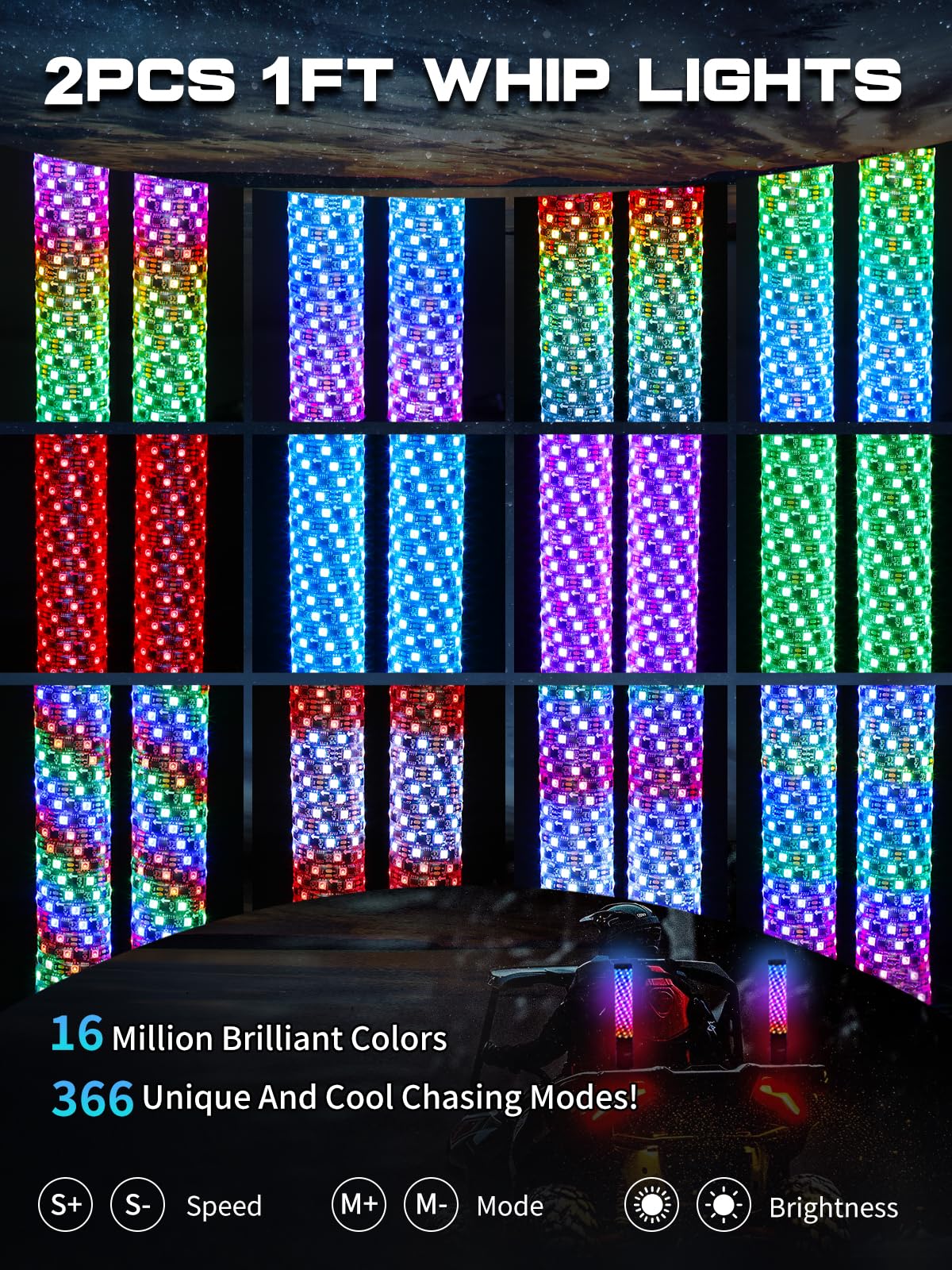 Knight Rider 1ft LED Whip Lights - 38 RGB LEDs With Remote Control For ...