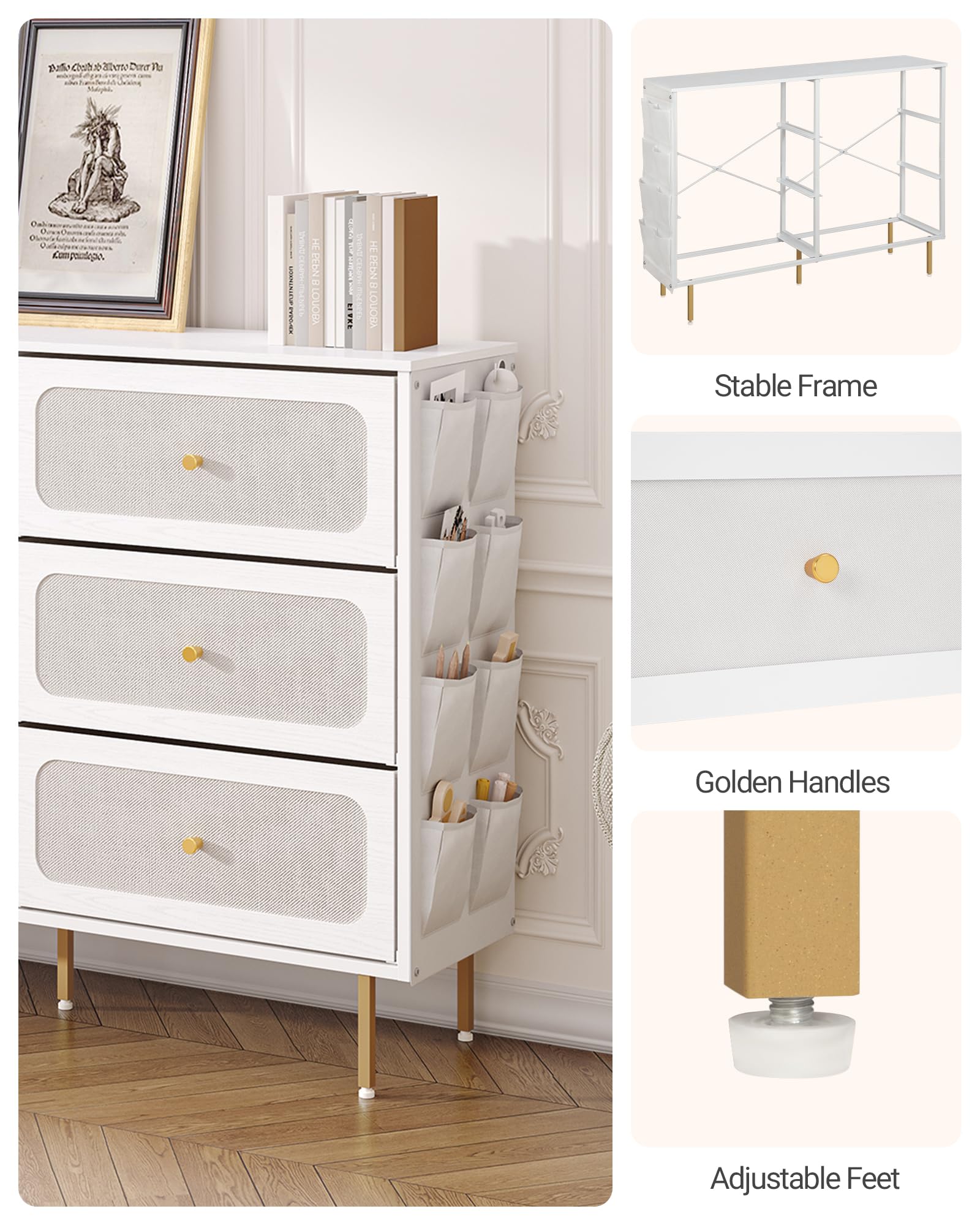 Hzuaneri Commode 110cm, Armoire avec 6 Tiroirs en Tissu, Meuble de Rangement, Cadre en Métal, 30 x 110 x 85 cm, pour Le Salon et la Chambre, Style Moderne, Blanc-Or DU25813AW