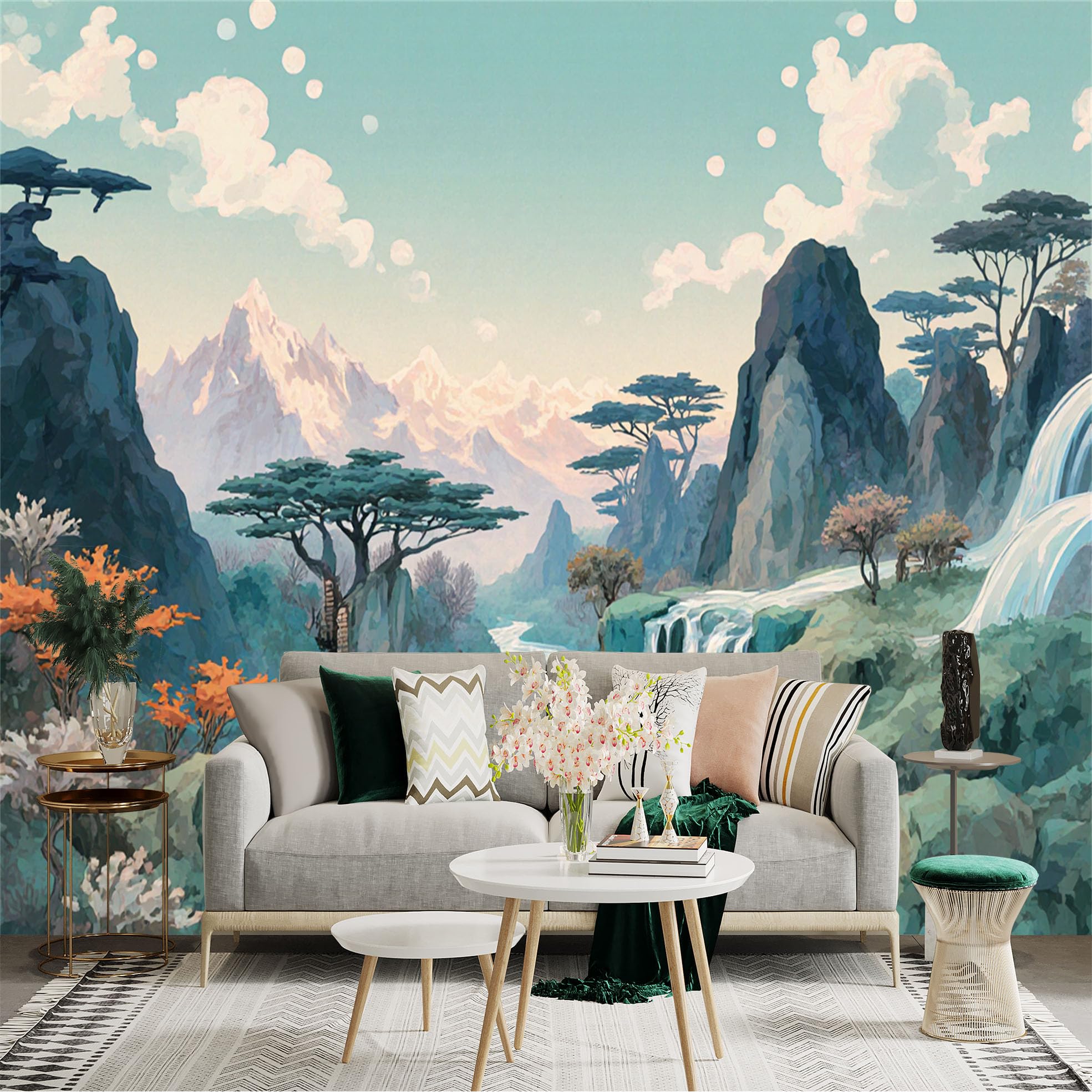 Lnzczhyre Xc260505658 Custom Size Wall Sticker Mural， Scenic Mountain Landscape， Majestic Waterfall And Winding River， Serene Forest View， For Wall Decoration， Peelandstick Wall Decals.