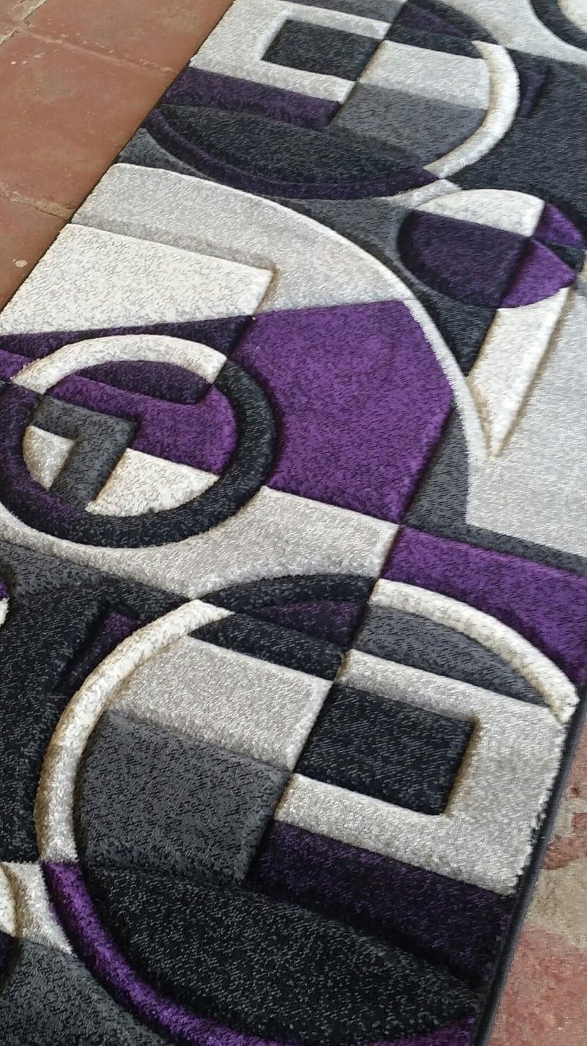 Modern Runner Contemporary Area Rug Purple Grey & Black Abstract Design 322 (2 Feet X 7 Feet 3 Inch)