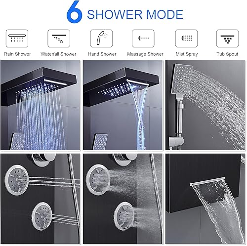 Miniatura 3 de MENATT Sistema de torre de paneles de ducha LED, sistema de panel de ducha de baño de acero inoxidable SUS304 con 4 chorros de cuerpo, lluvia, Negro