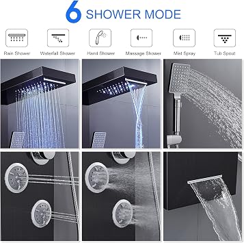 LED Shower Panels Tower System, SUS304 Stainless Steel Bathroom Shower Panel System with 4 Body Jets, Rainfall, Waterfall, Handheld Shower, Tub Faucet (Black)