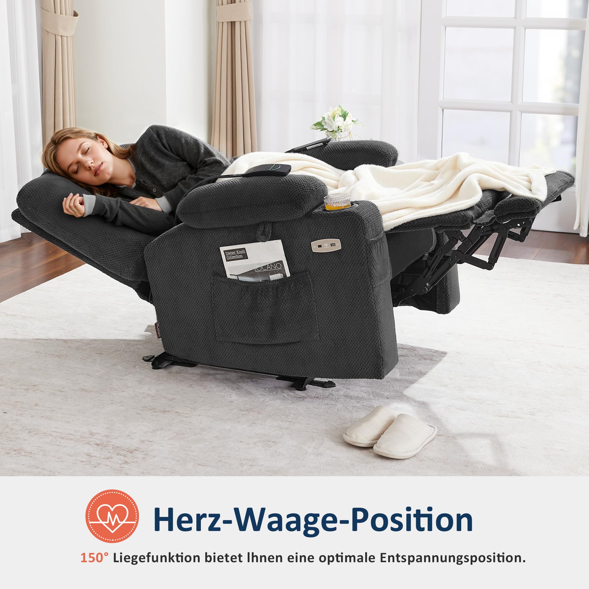 M MCombo Fauteuil TV à réglage électrique, Fauteuil Relax avec Fonction Chaise Longue, Fauteuil TV avec Fonction Massage & Chauffage, USB & Porte-Boissons, Salon, Tissu, 7008 (Gris foncé)