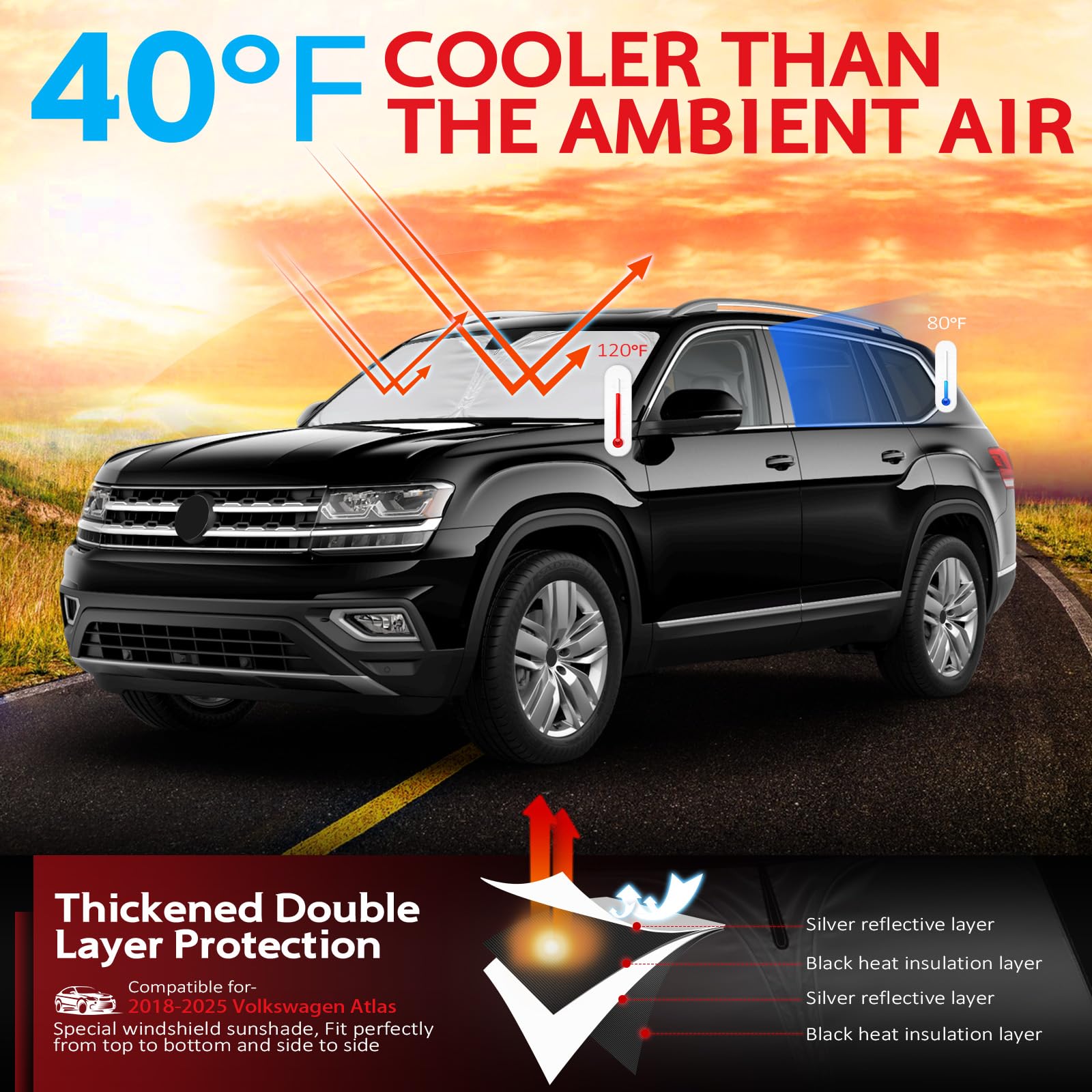 KAYZT Windshield Sun Shade for 2018-2025 Volkswagen Atlas VW Atlas Cross Sport Foldable Sunshade Front Window Custom Fit Car Accessories