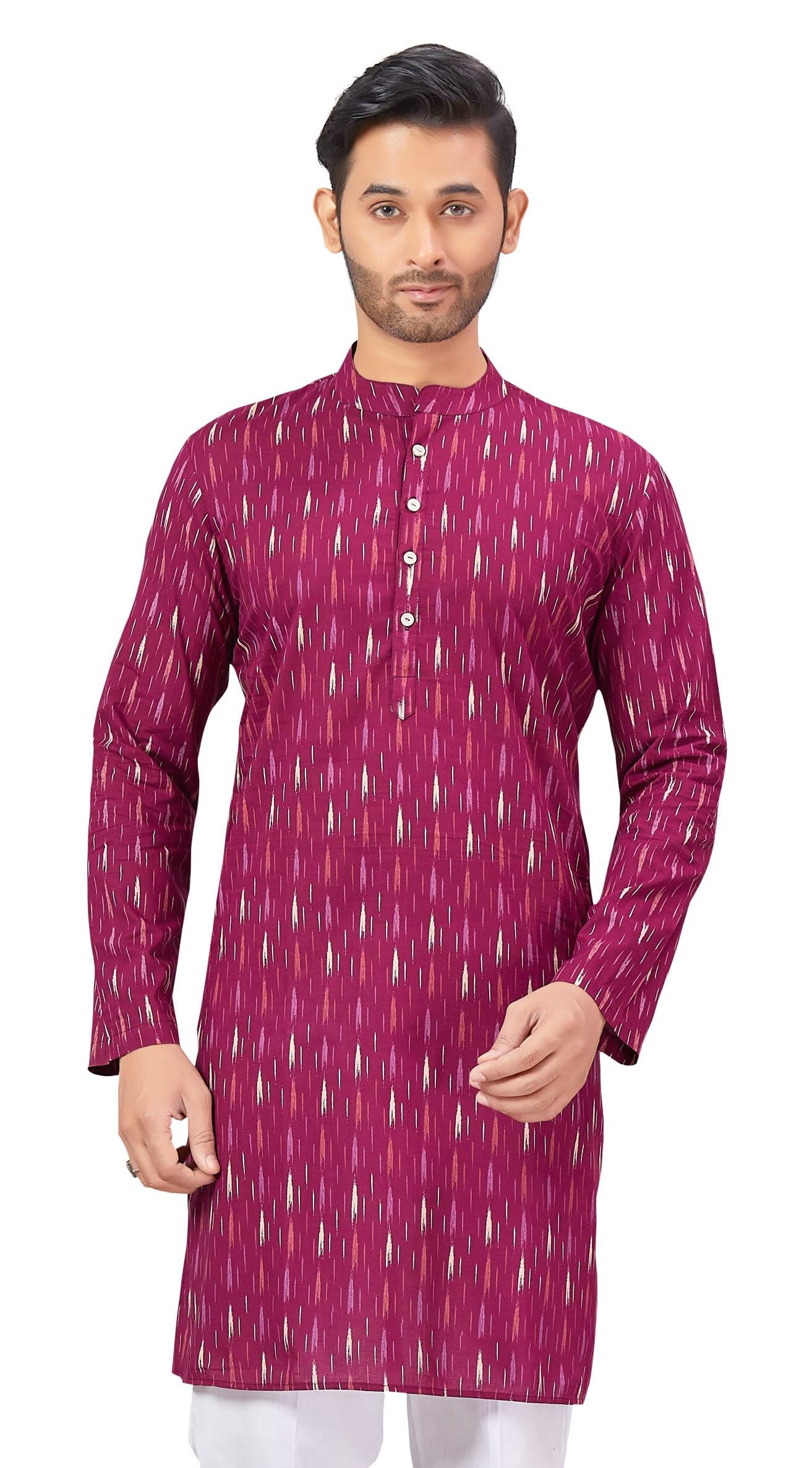 Men's 100% Pure Cotton Wine Block Printed Knee Length Kurta-image-12