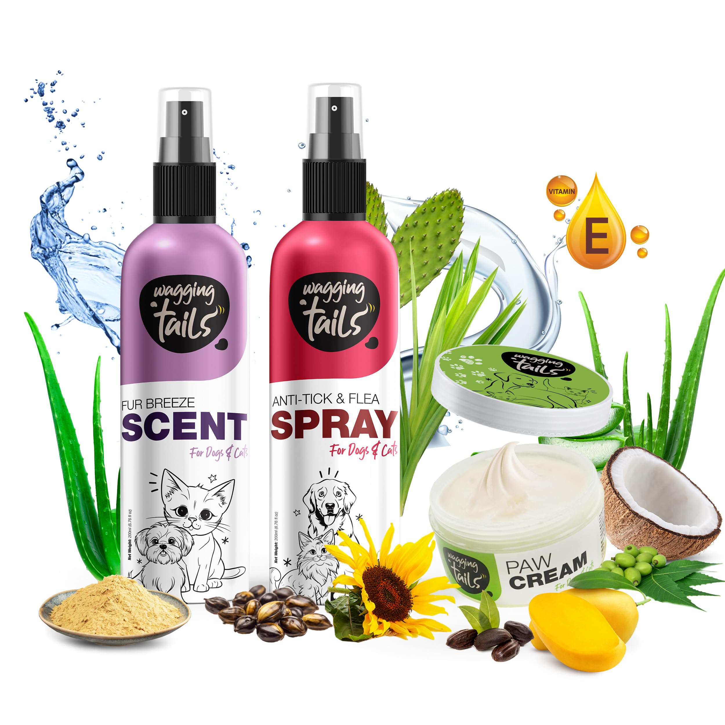 Wagging Tails 3 in 1 Grooming Kit Combo for Pets Dog Anti-tick and flea Spray 200ml +Paw Cream 50gm + Fur Breeze Scent 200ml