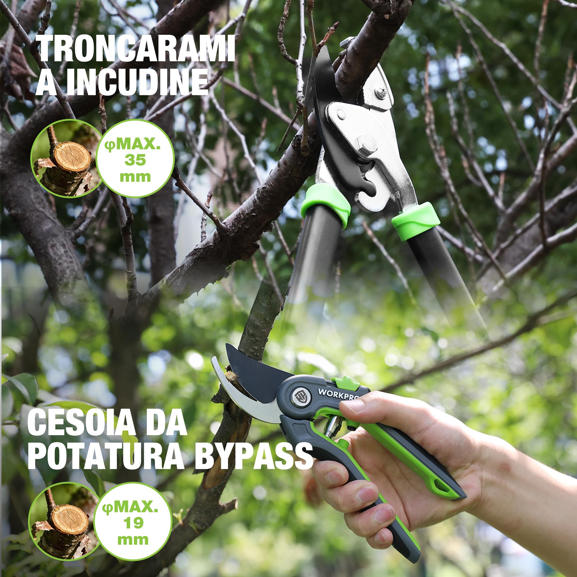 WORKPRO 3-Pezzi Set Forbici Cesoie da Potatura - Bypass, Troncarami a Incudine e Siepi - Attrezzi Giardinaggio Completo per Cura Piante