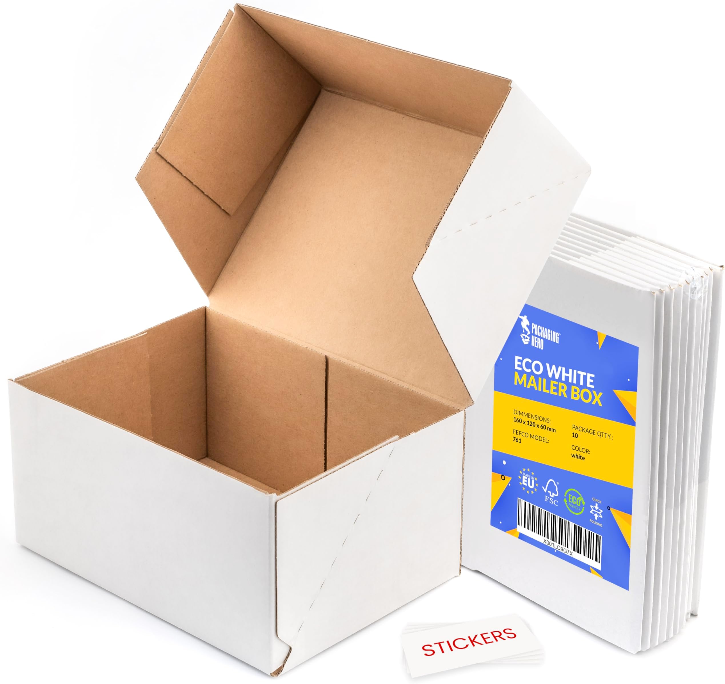 16 x 12 X 6 cm (aprox. 6.3" x 4.7" x 2.35") White Corrugated Cardboard Mailing Boxes, gift boxes, e-commerce box with free clear round stickers (10 pack)
