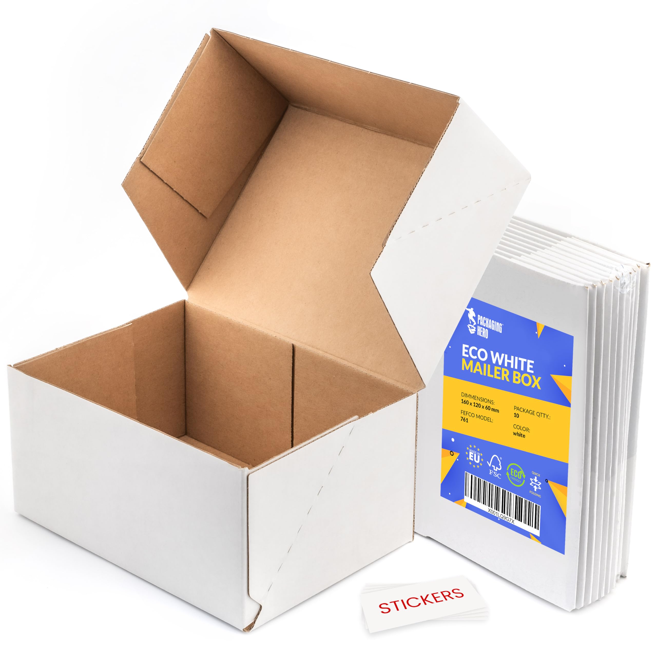 16 x 12 X 6 cm (aprox. 6.3" x 4.7" x 2.35") White Corrugated Cardboard Mailing Boxes, gift boxes, e-commerce box with free clear round stickers (10 pack)