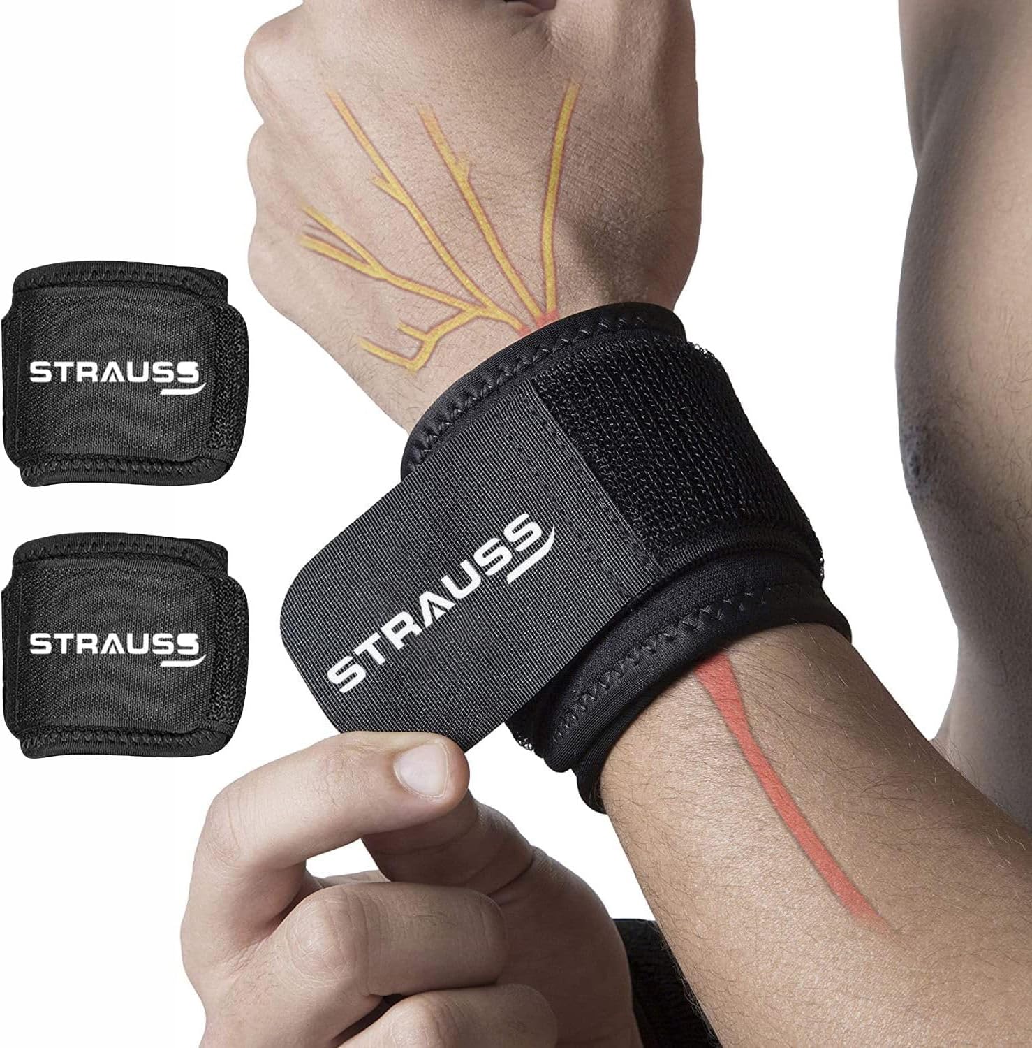 STRAUSS Wrist Support|Wrist Band for Compression and Support|Adjustable Fitness Band for Gym,Sports and Weightlifting|Comfortable and Breathable Fabric |Wrist Strap Ideal for Men and Women|Pair,(Black)