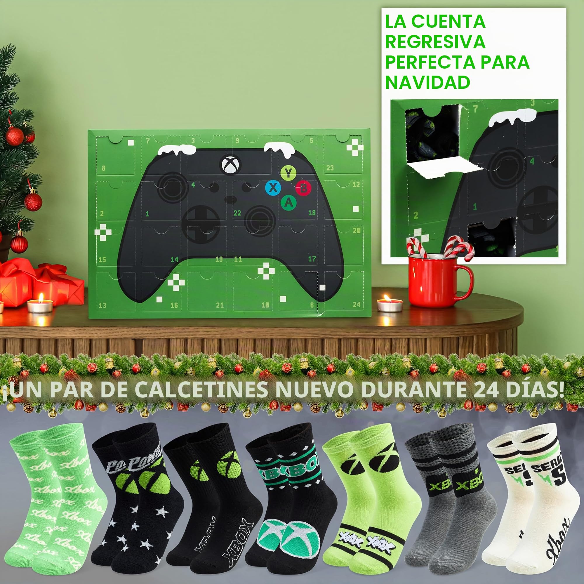Get Trend Xbox Calendario Adviento 2025 con 24 Pares Calcetines Originales para Niños Adolescentes, 35-40, Diseños Videojuegos Divertidos (Verde Xbox)