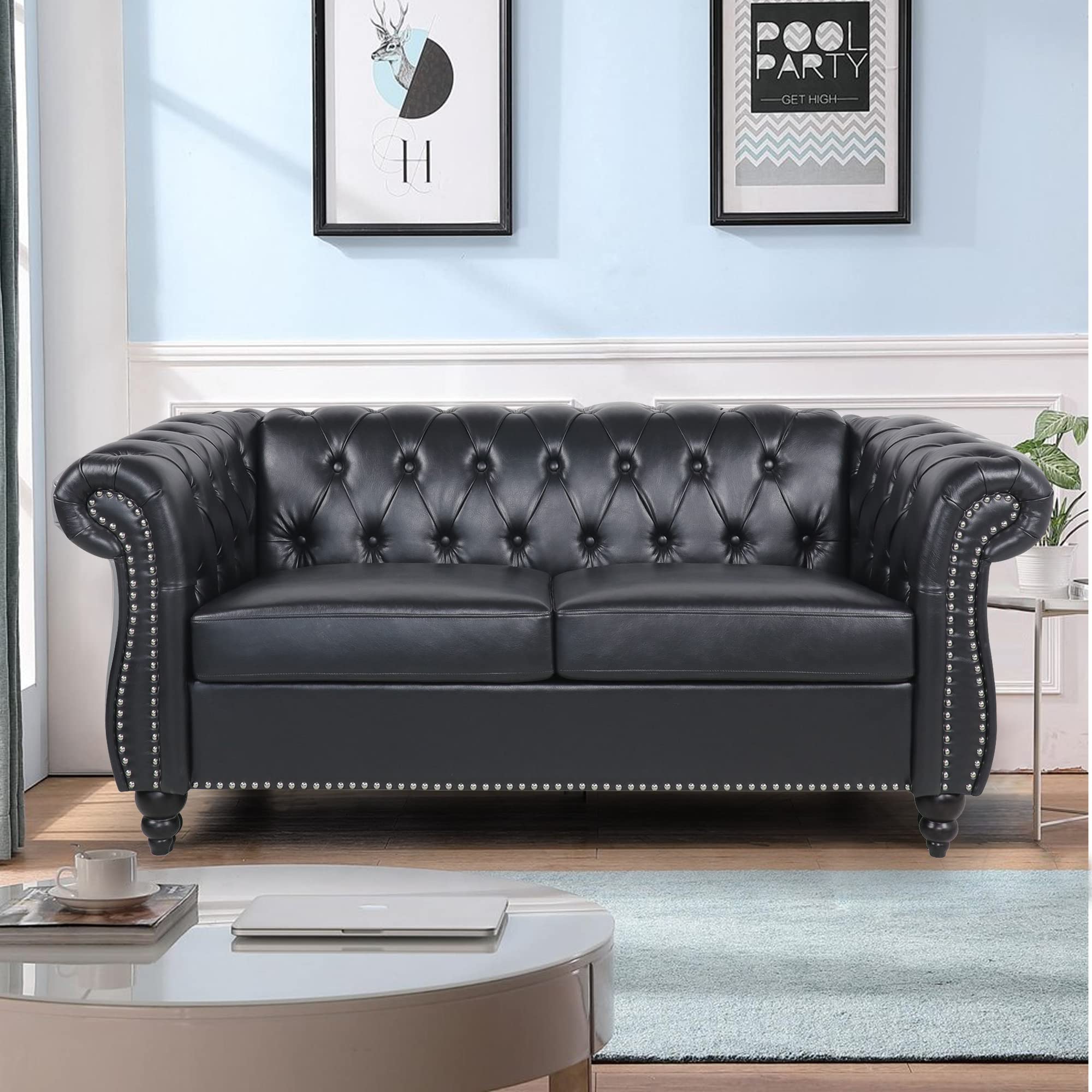 LEVNARY Leather Sofa, Chesterfield Tufted Upholstered 2 Seater Couch, Modern Loveseat Couch Classic Furniture for Living Room Bedroom (Black)