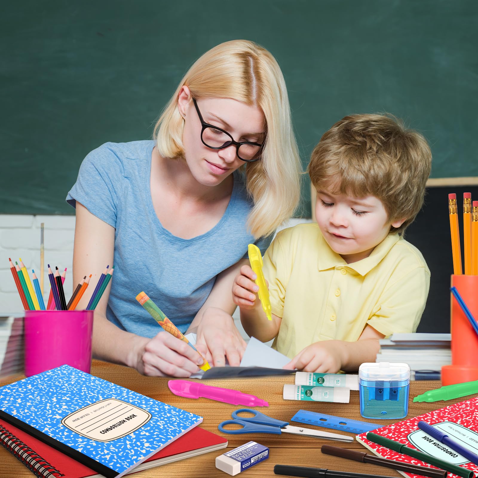 Gilprop Lot de 6 boîtes de 72 fournitures scolaires pour la rentrée scolaire - Essentiels pour enfant, étudiant, fille, garçon, salle de classe (jaune)