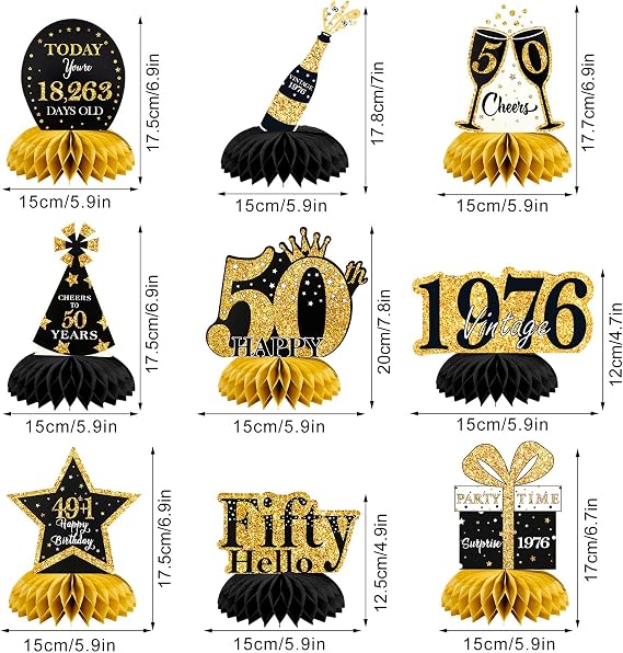 50th Birthday Table Decoration Black Gold 9 Pieces Honeycomb Decoration
